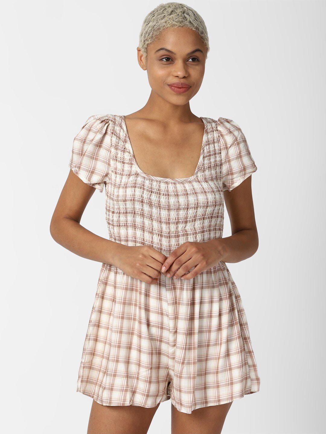 FOREVER 21 Beige & White Checked Basic Jumpsuit Price in India