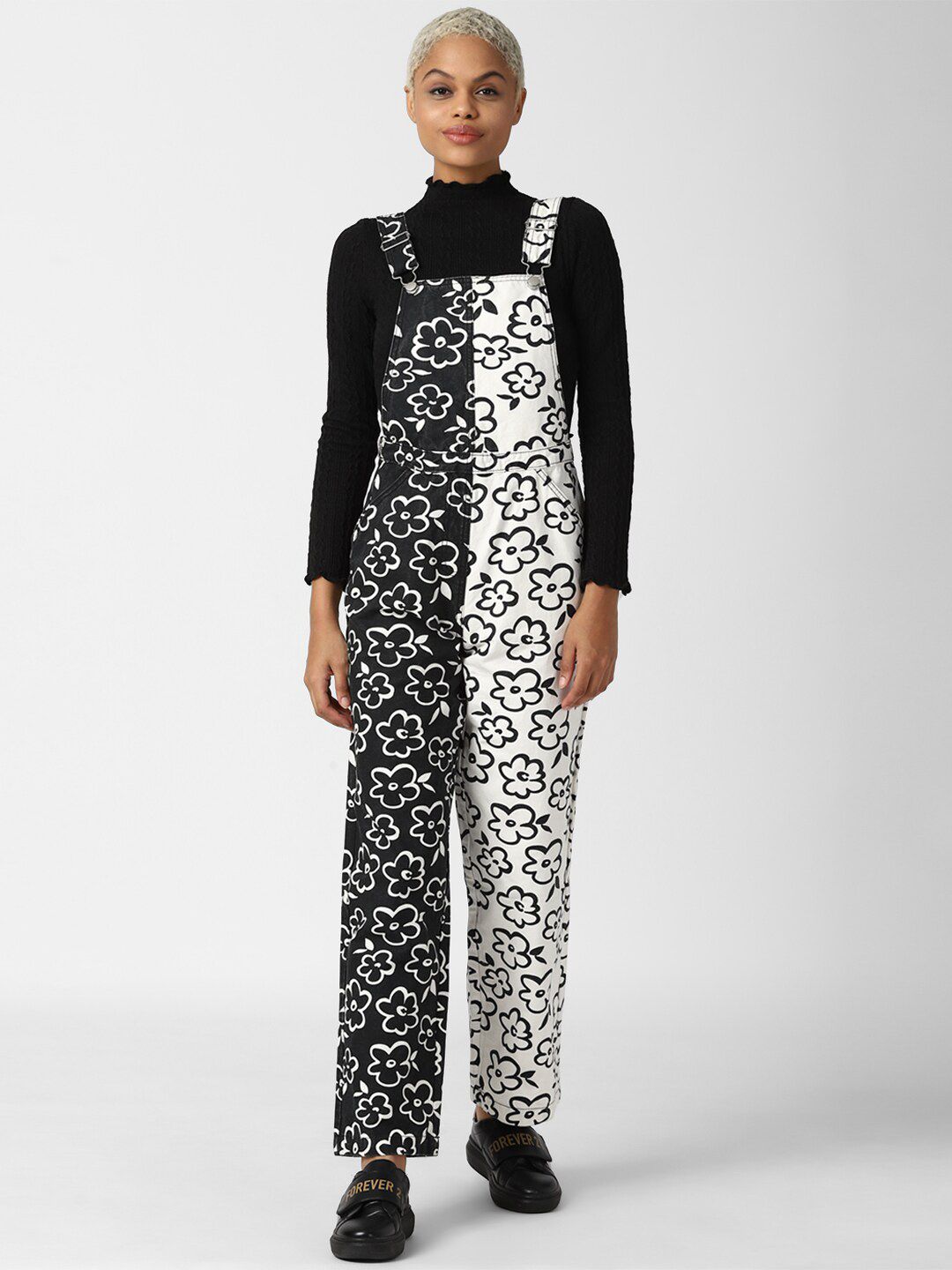 FOREVER 21 Black & White Printed Basic Jumpsuit Price in India