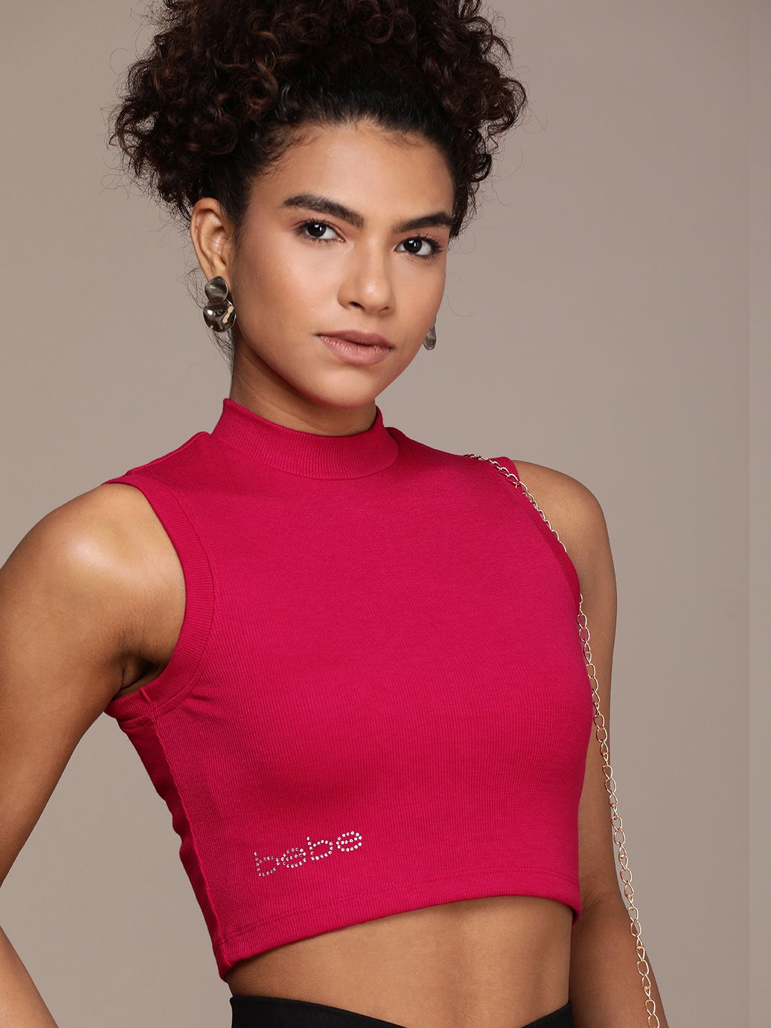 bebe Solid High Neck Crop Top With Embellished Brand Logo Detail Price in India