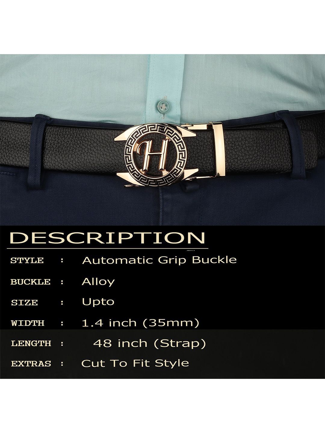 Buy ZORO Men Black Textured Alphabet Letter H Autolock Buckle Belt