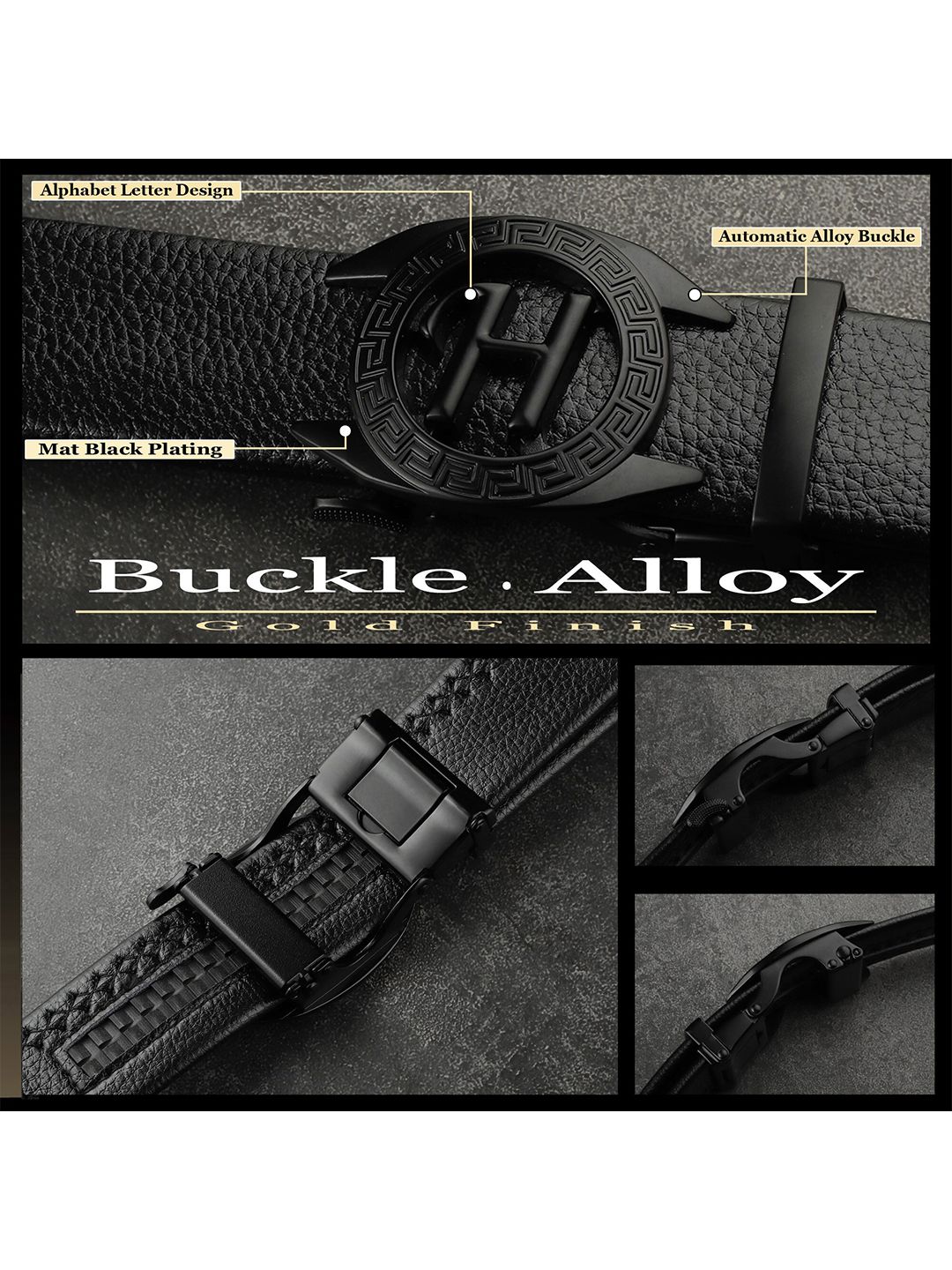Buy ZORO Men Black Textured Alphabet Letter H Autolock Buckle Belt