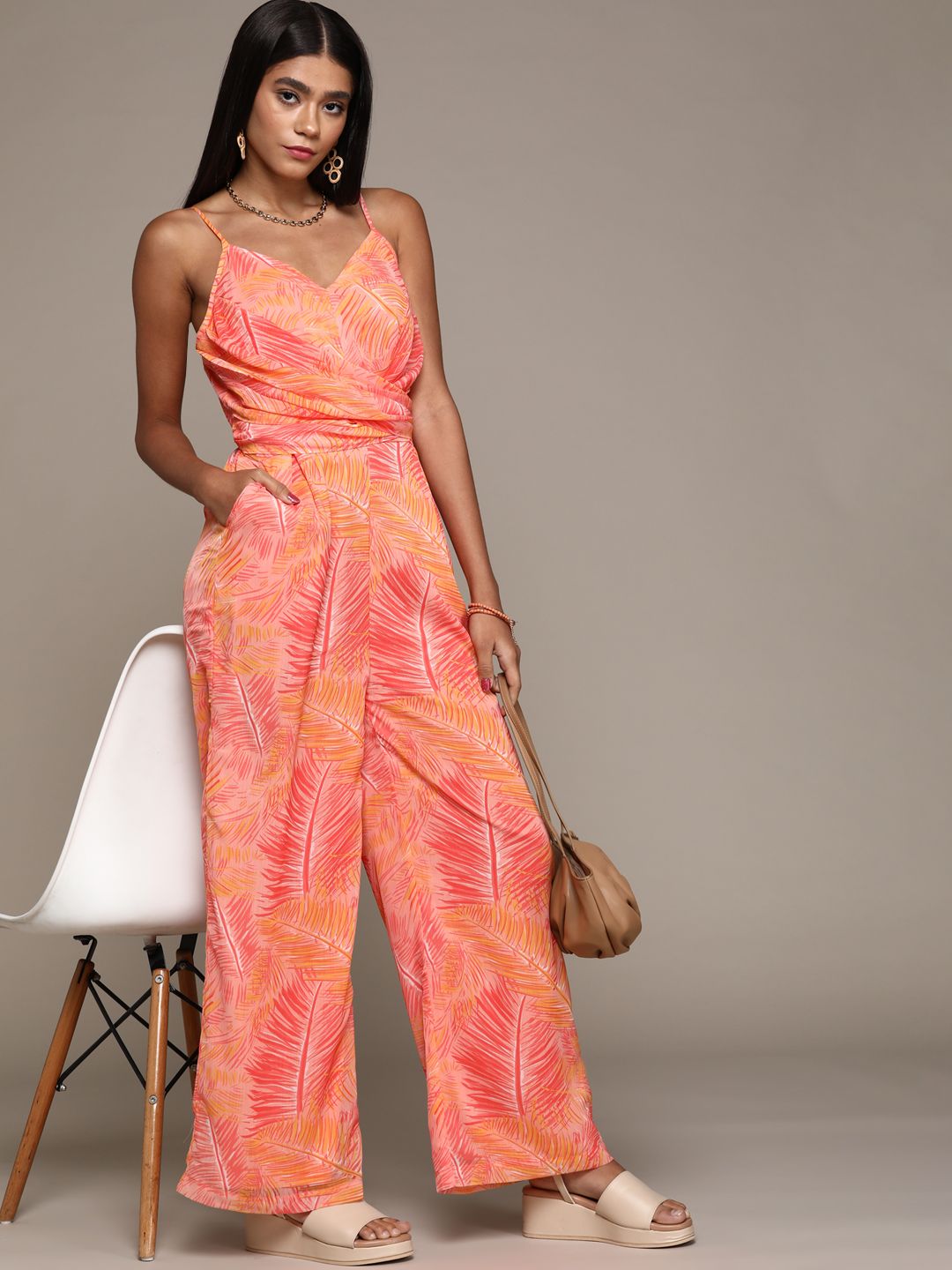 bebe Paradise Coral Holiday Printed Basic Jumpsuit Price in India