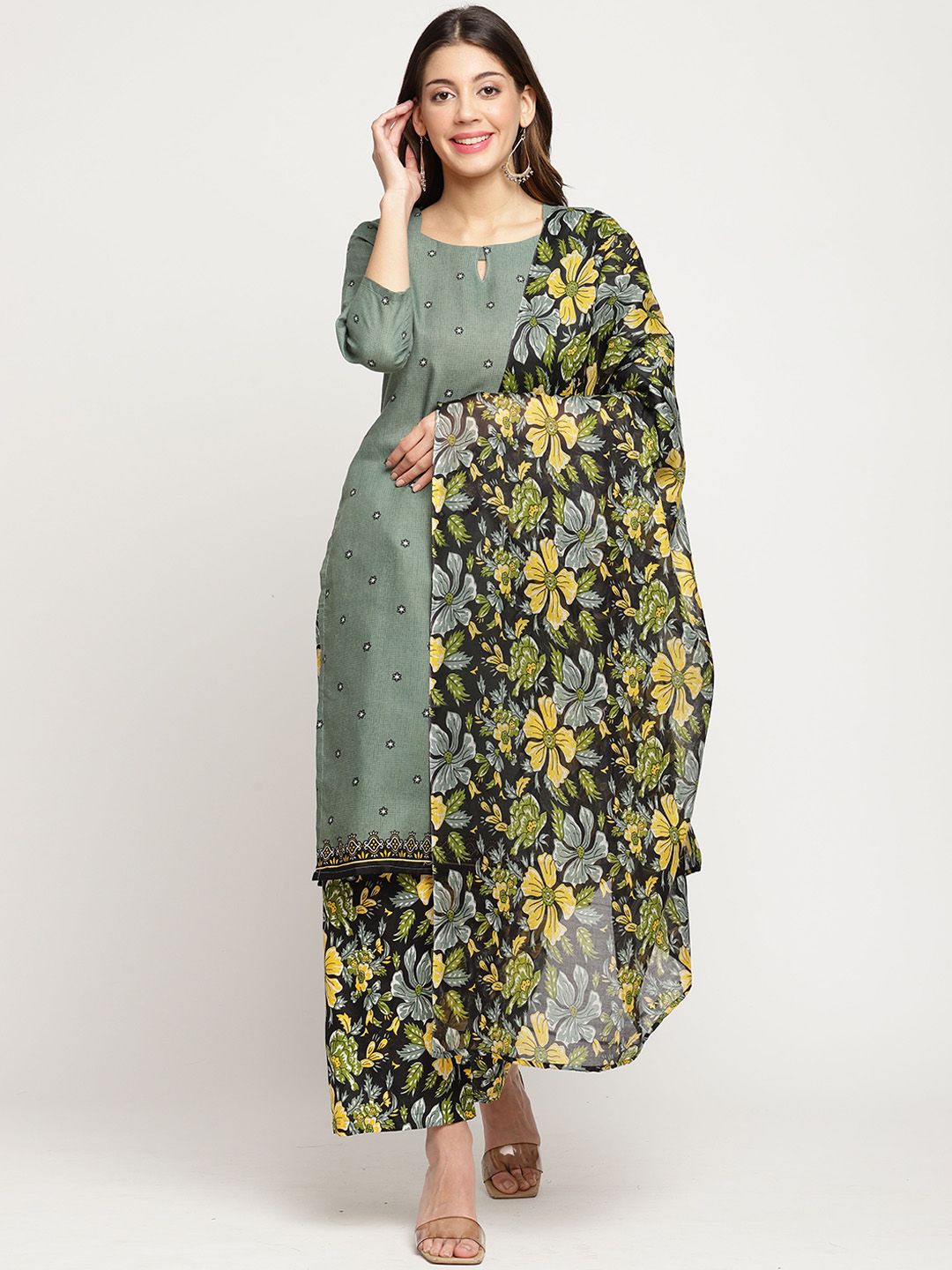 Roly Poly Women Olive Green Floral Printed Kurta Set With Dupatta Price in India