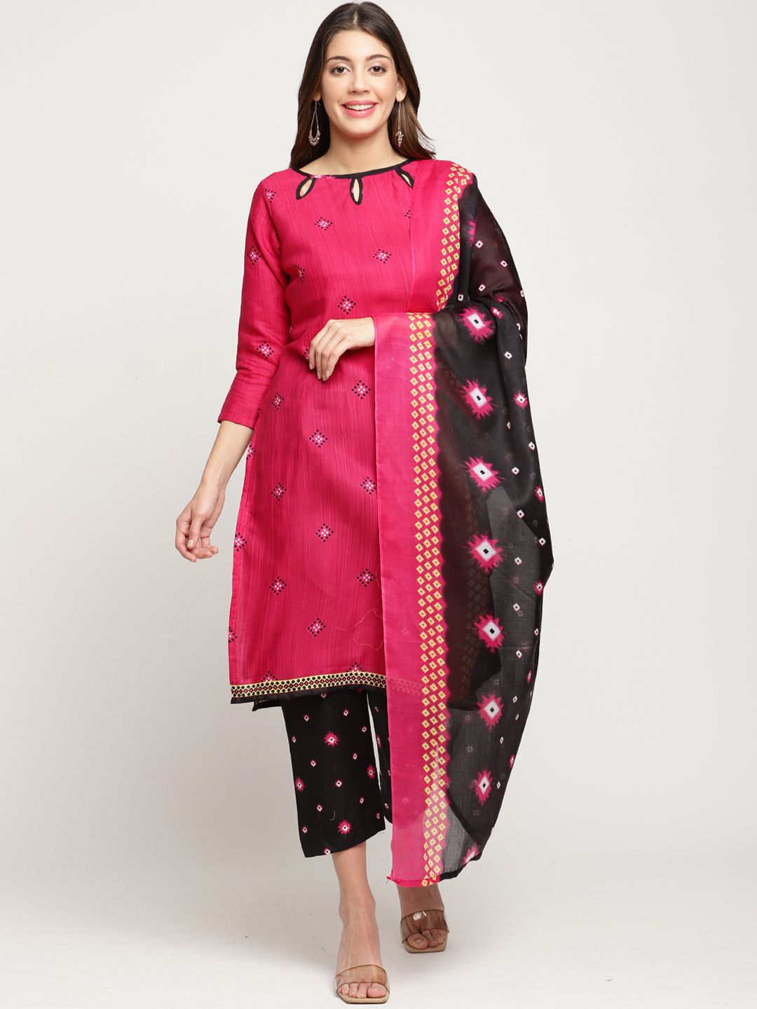 Roly Poly Women Magenta Ethnic Motifs Embroidered Panelled Kurti with Trousers & With Dupatta