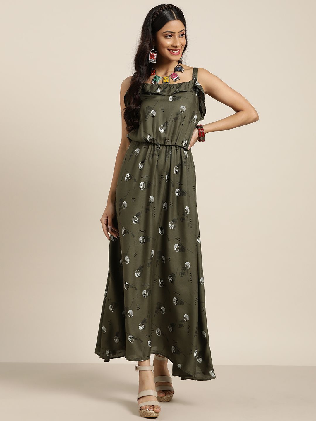 Sangria Women Olive Green & White Printed Maxi Dress Price in India