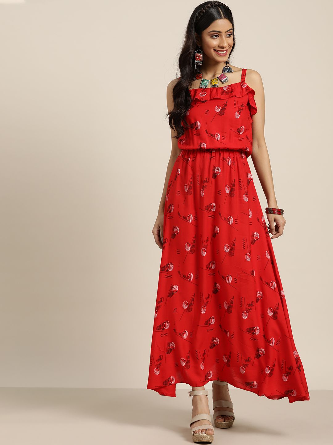 Sangria Red & Black Abstract Printed Maxi Dress Price in India