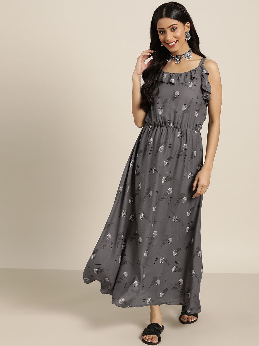 Sangria Women Grey & White Printed Maxi Dress Price in India