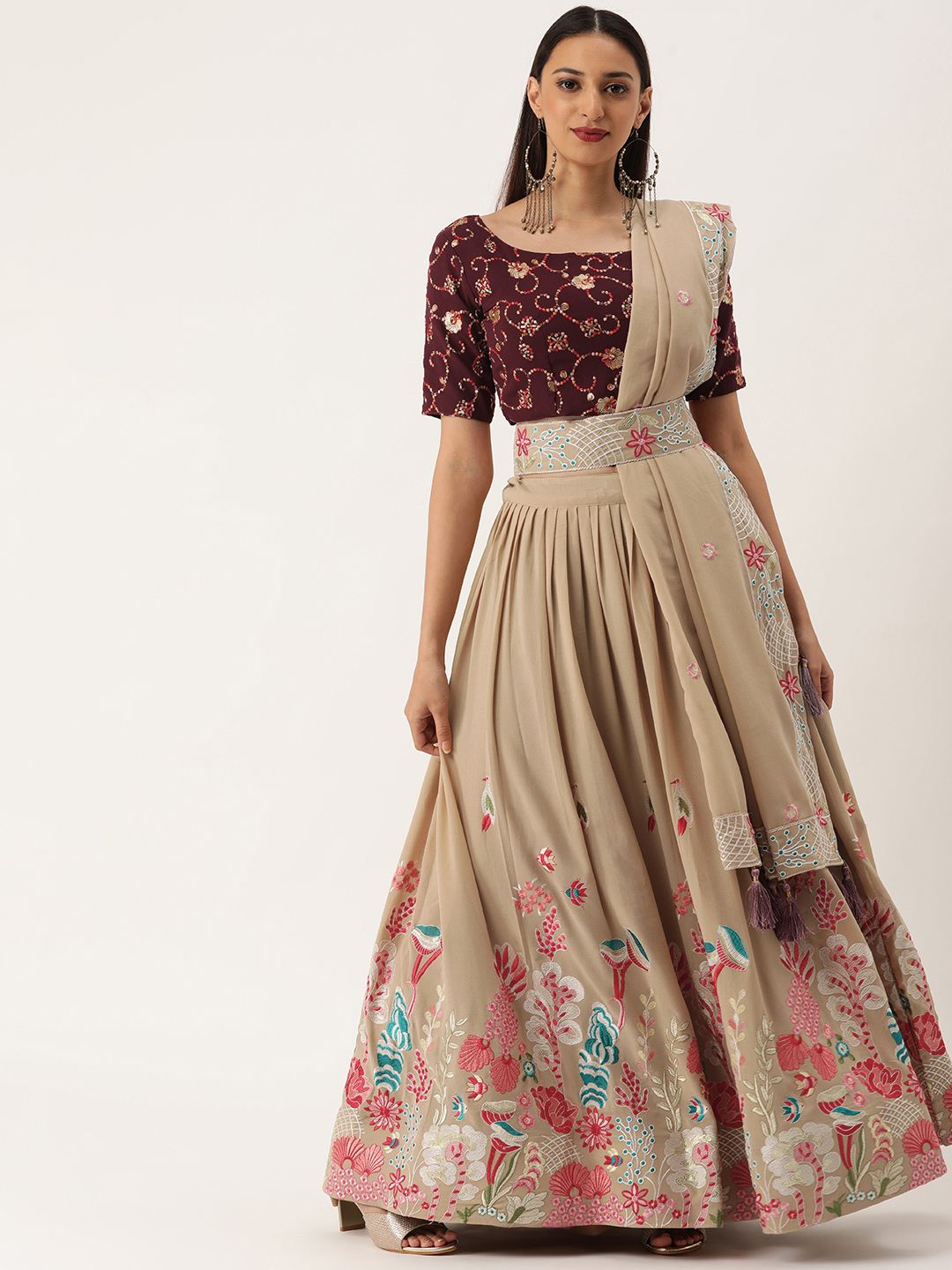 LOOKNBOOK ART Maroon & Cream-Coloured Embroidered Semi-Stitched Lehenga & Unstitched Blouse With Dupatta