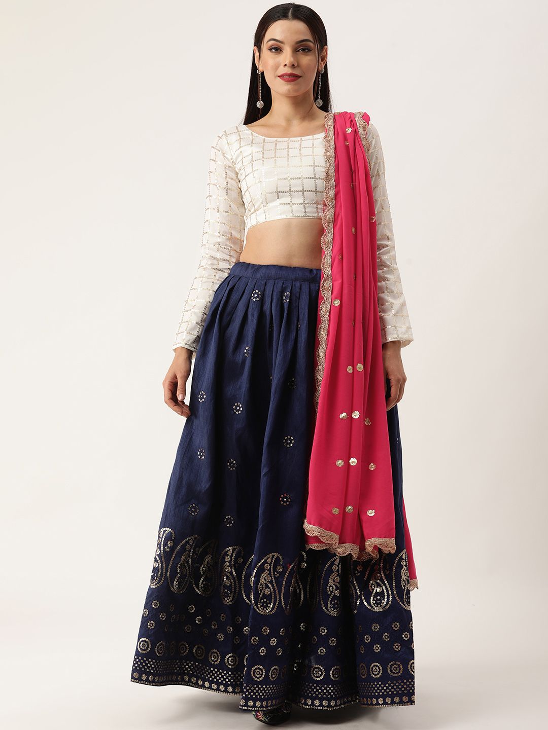 LOOKNBOOK ART Navy Blue & White Printed Semi-Stitched Lehenga & Unstitched Blouse With Dupatta Price in India