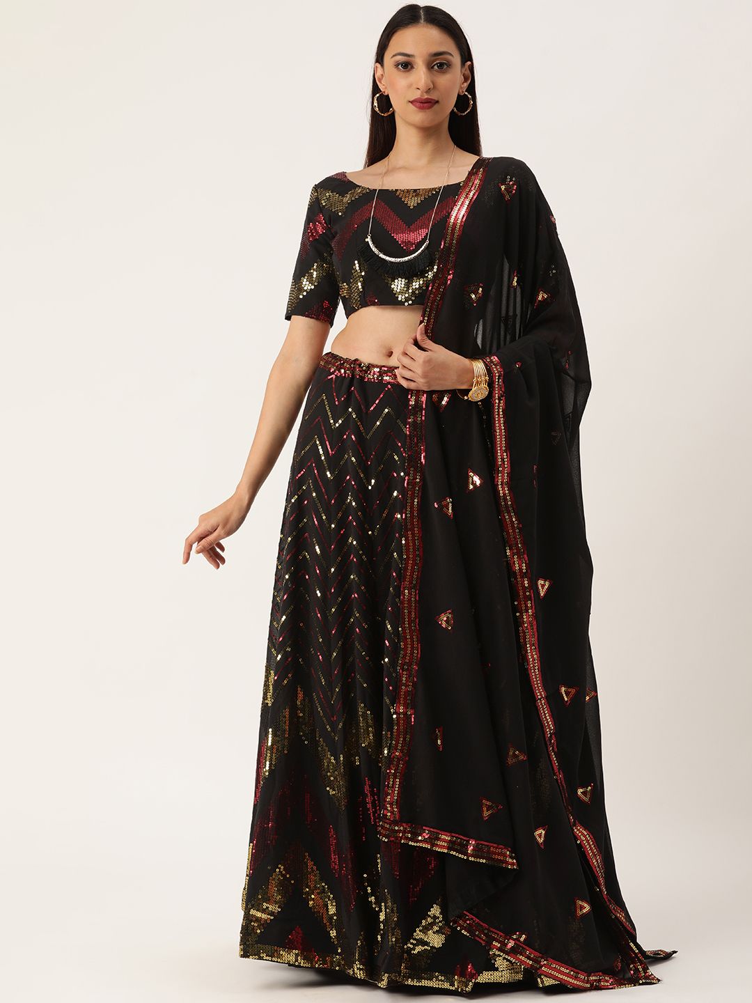 LOOKNBOOK ART Black & Red Embellished Sequinned Semi-Stitched Lehenga & Unstitched Blouse With Dupatta Price in India