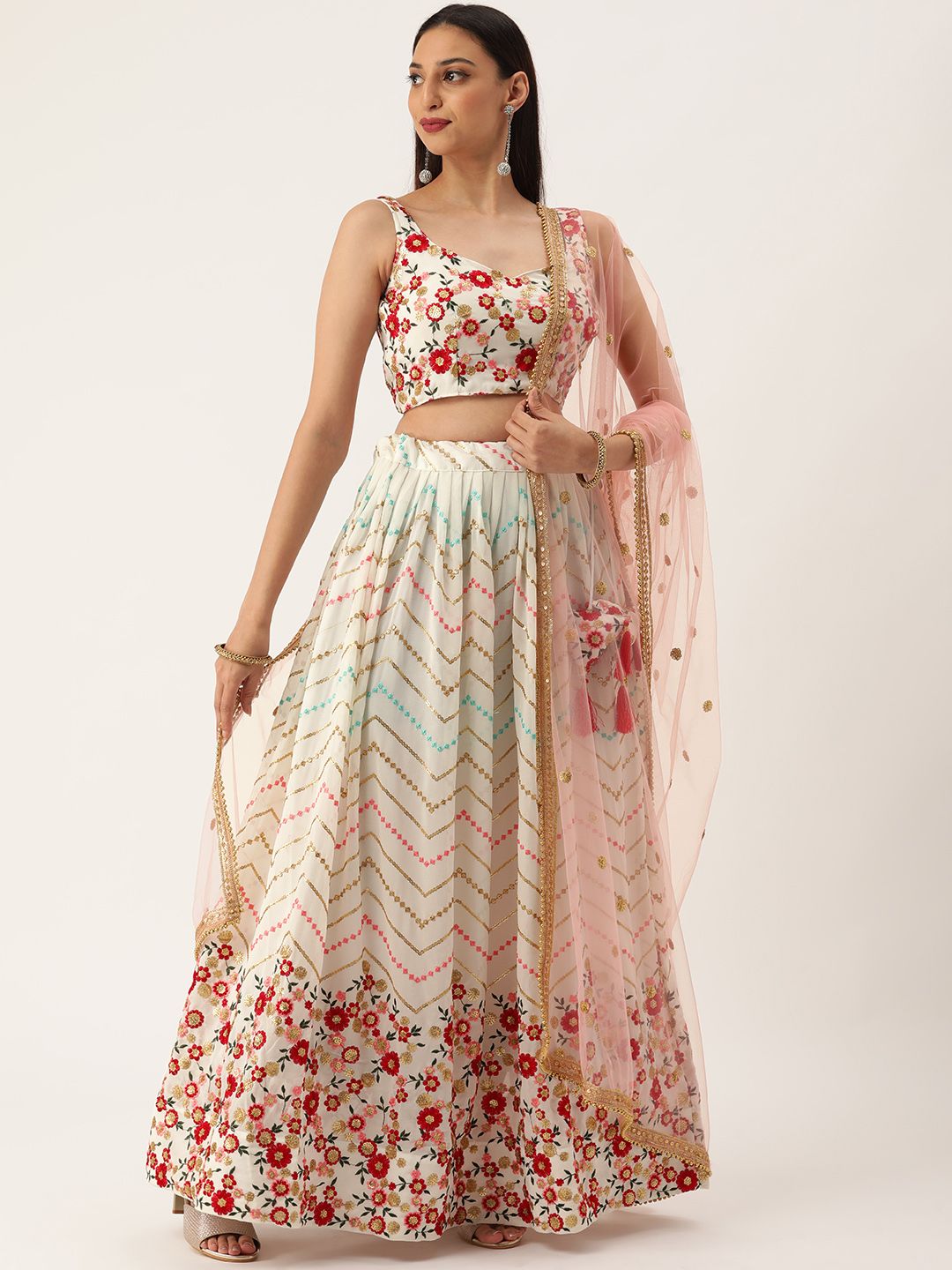 LOOKNBOOK ART White & Red Printed Sequinned Semi-Stitched Lehenga & Unstitched Blouse With Dupatta Price in India