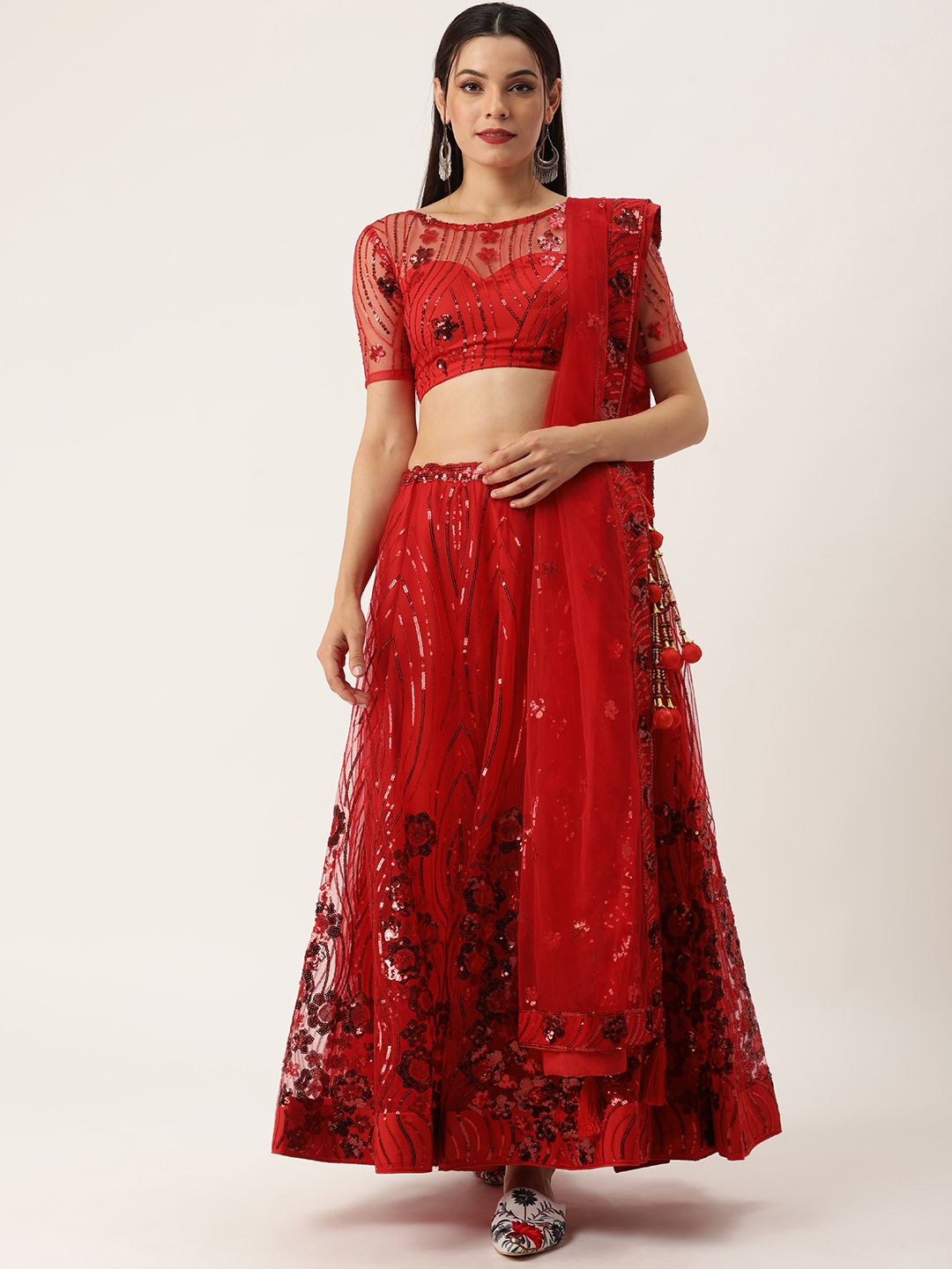 LOOKNBOOK ART Red Embellished Sequinned Semi-Stitched Lehenga & Unstitched Blouse With Dupatta Price in India