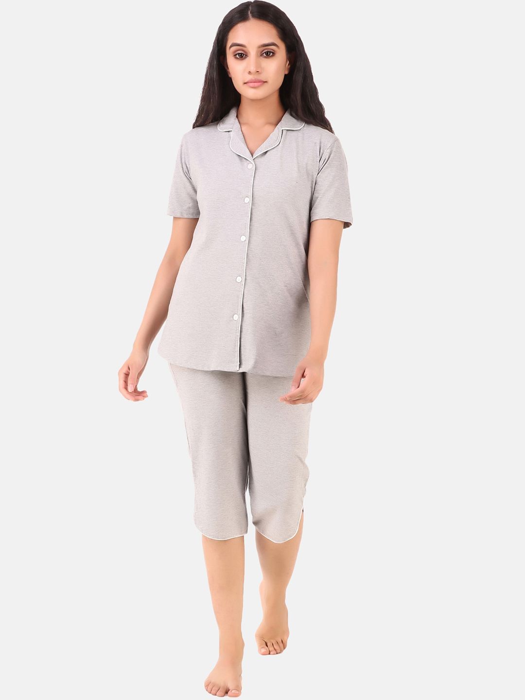 Masha Women Grey Solid Pure Cotton Capri Night suit Price in India