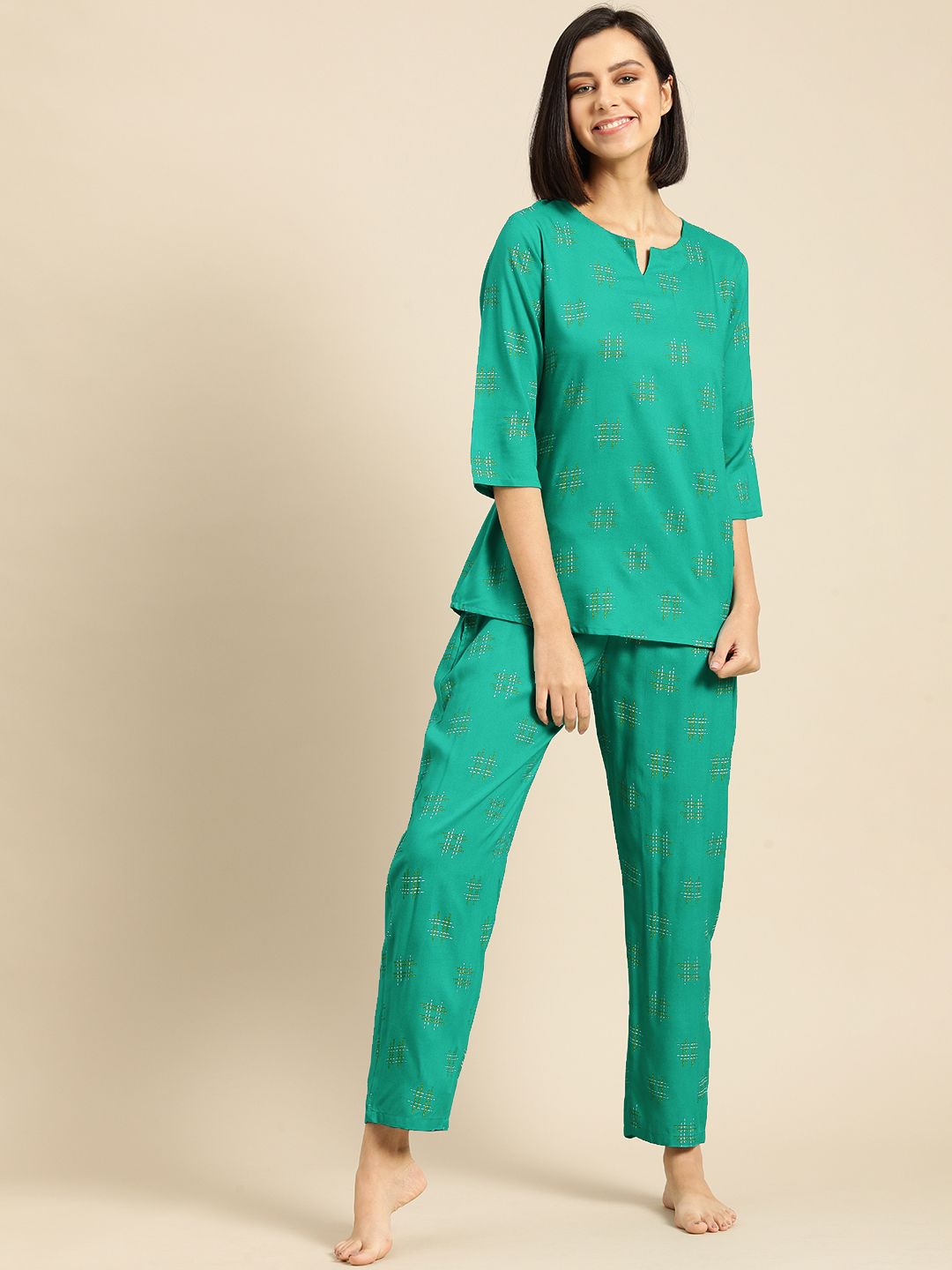 Prakhya Women Green Geometric Printed Pyjama Set Price in India