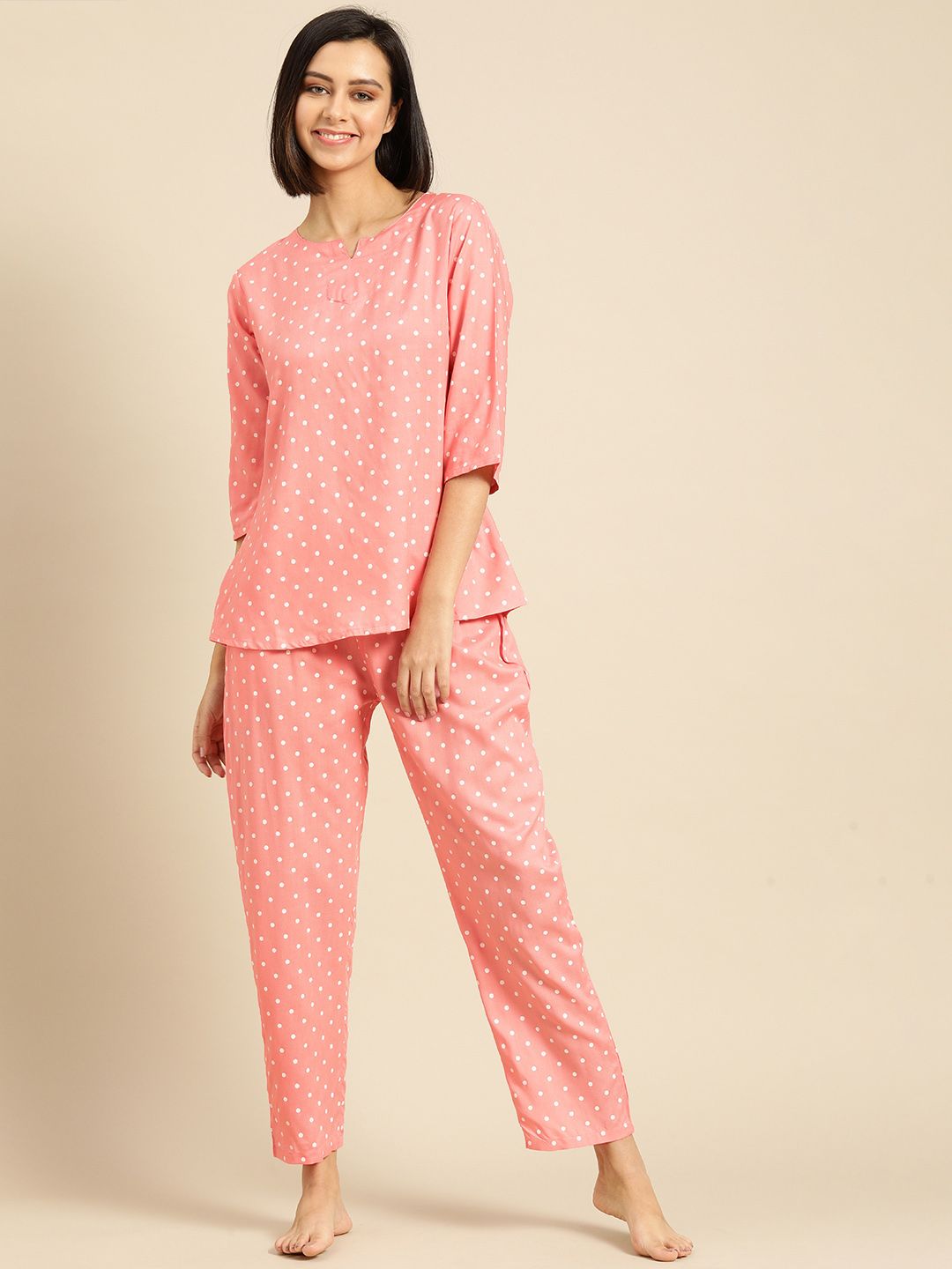 Prakhya Women Dusty Pink Polka Dots Pyjama Set Price in India