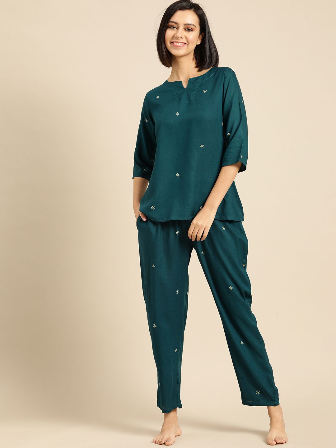 Prakhya Women Teal Blue Floral Printed Pyjama Set Price in India