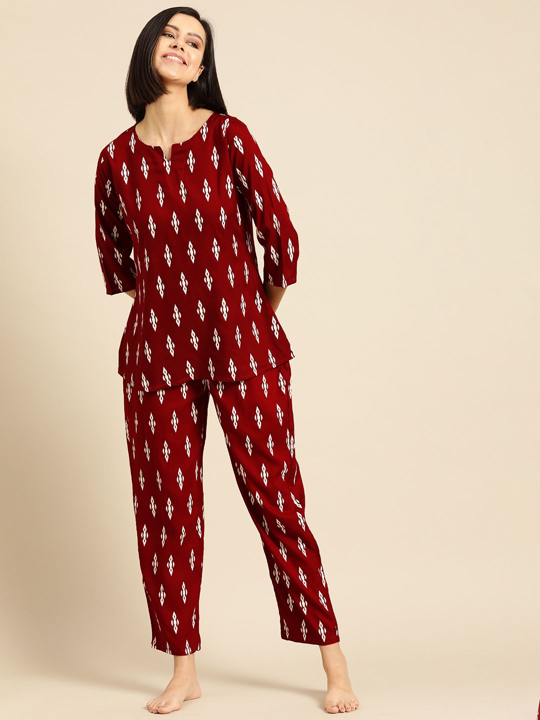 Prakhya Women Maroon Abstract Printed Pyjama Set Price in India