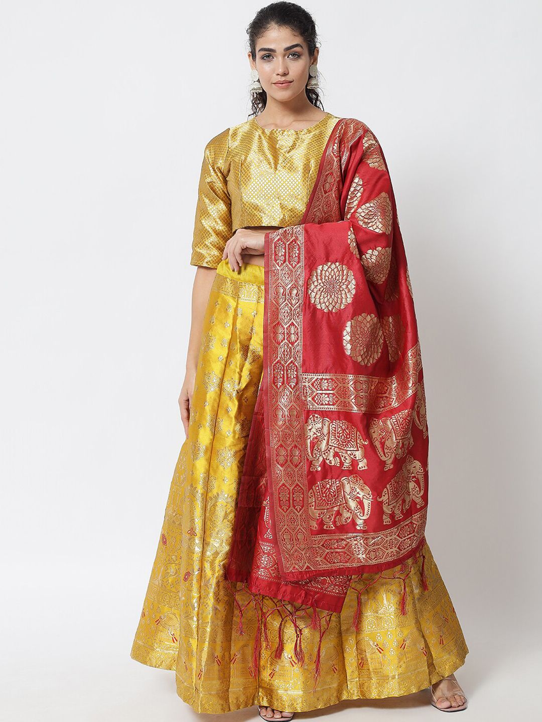 DIVASTRI Yellow & Red Banarasi Silk Ready to Wear Lehenga & Unstitched Blouse With Dupatta Price in India