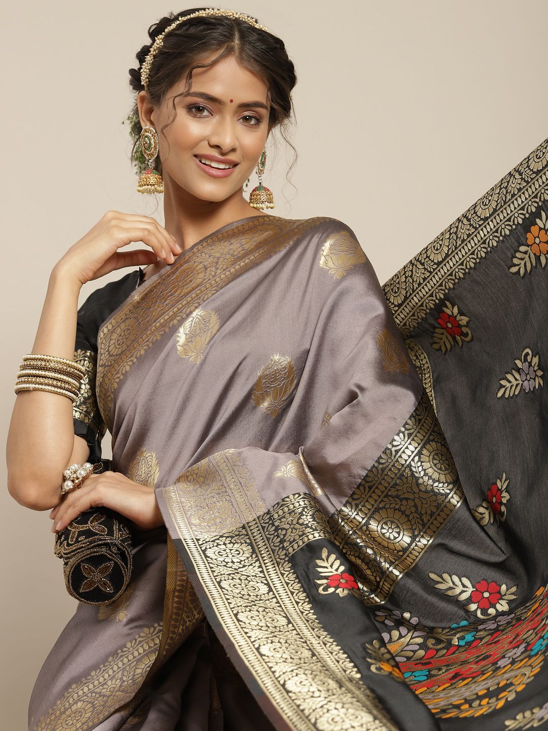 Somras Grey & Black Ethnic Motifs Zari Art Silk Saree Price in India