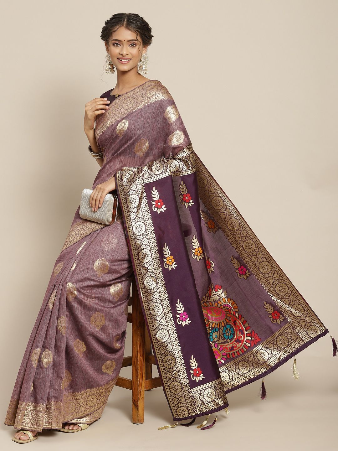 Somras Purple & Beige Ethnic Motifs Zari Art Silk Saree Price in India