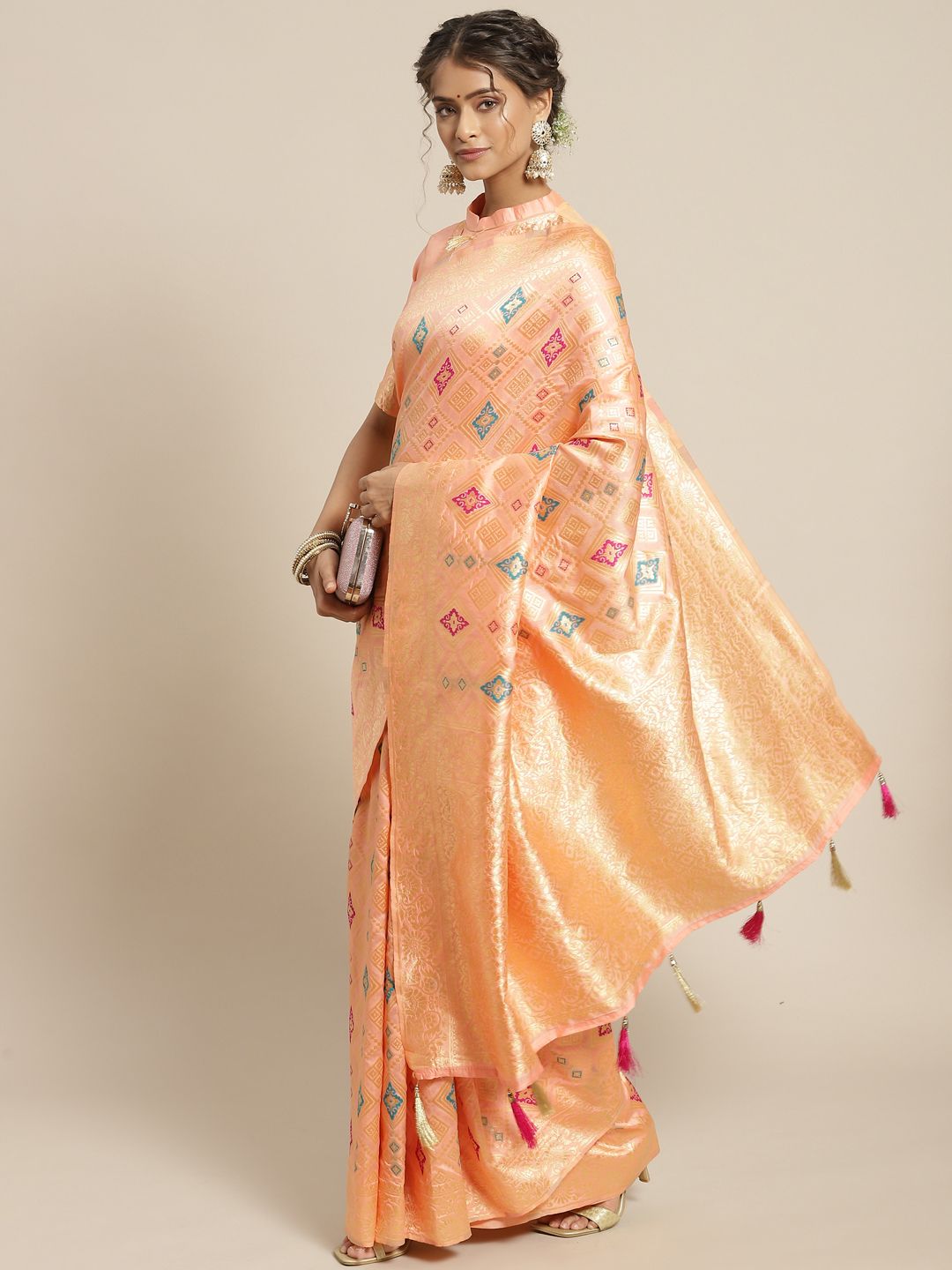 Somras Peach-Coloured & Green Ethnic Motifs Zari Art Silk Saree Price in India