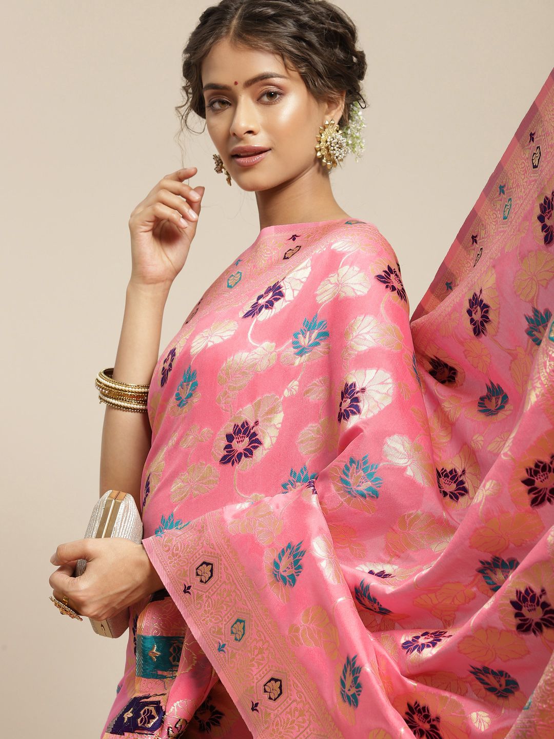 Somras Pink & Golden Ethnic Motifs Zari Art Silk Saree Price in India