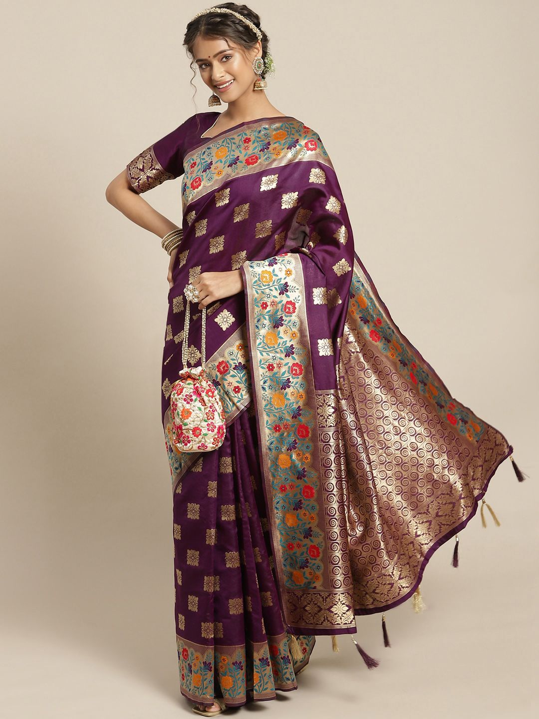 Somras Purple Woven Design Zari Art Silk Saree Price in India