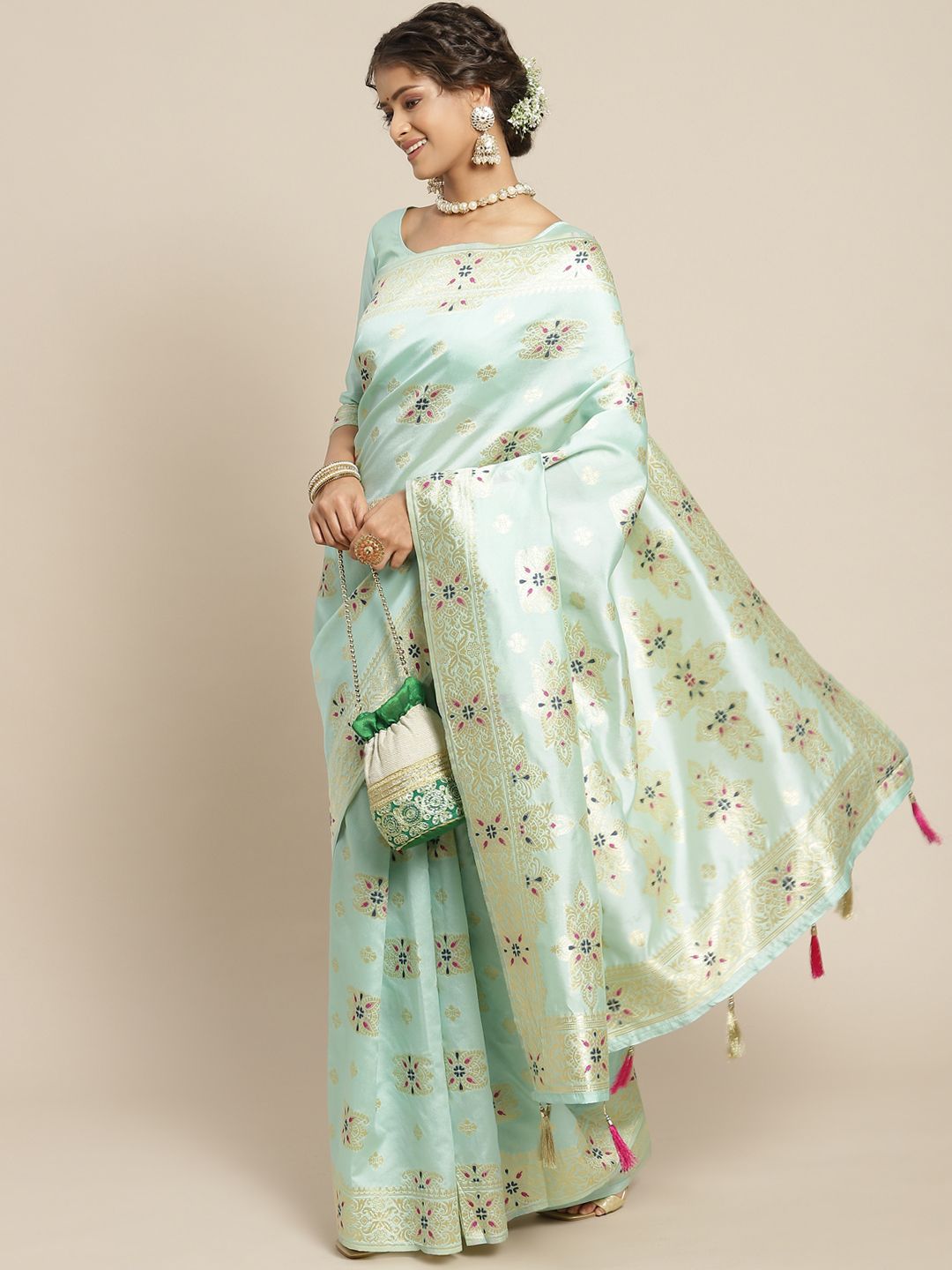 Somras Mint Blue & Golden Ethnic Motifs Zari Art Silk Saree Price in India