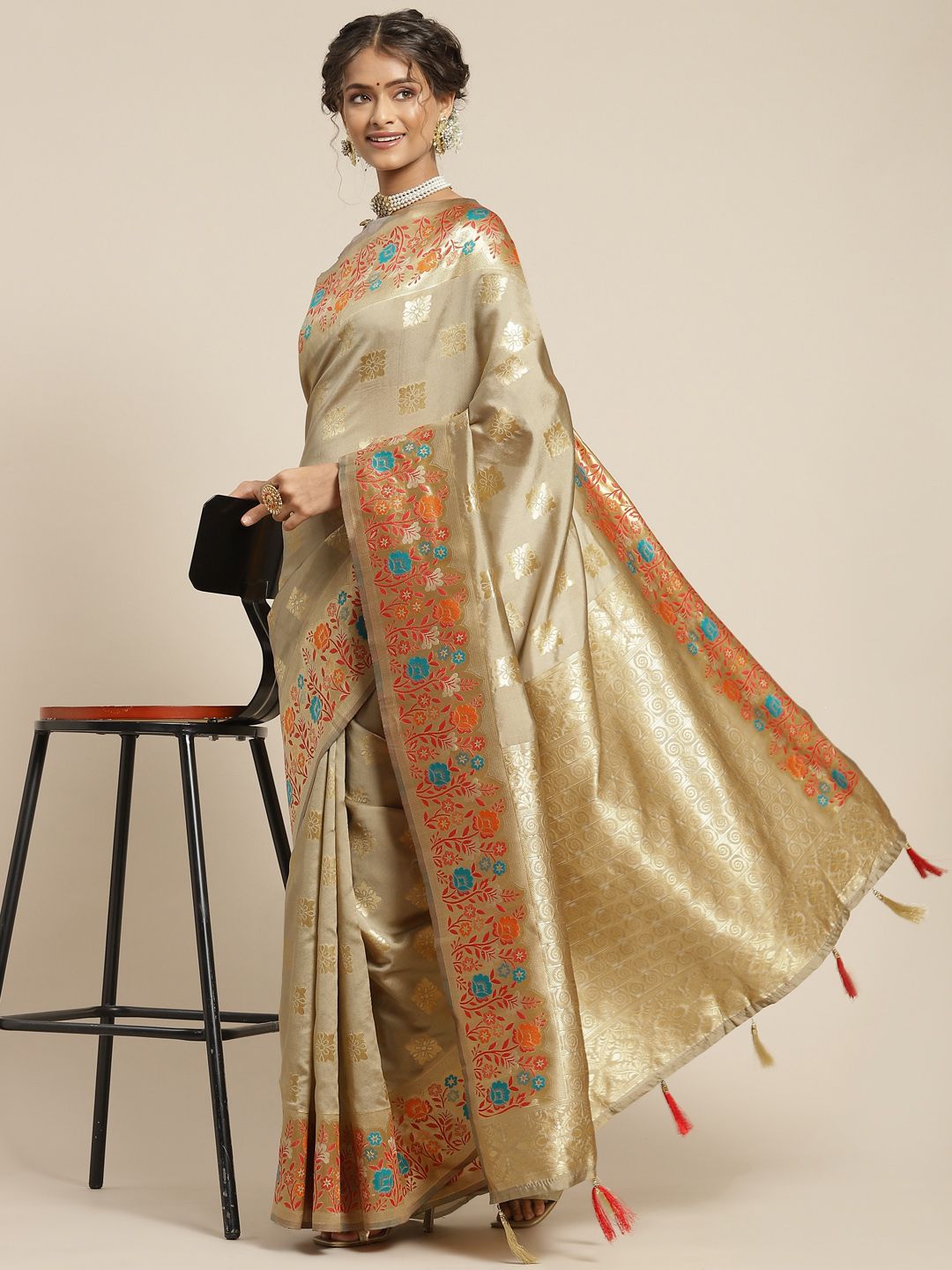 Somras Beige & Golden Ethnic Motifs Zari Art Silk Saree Price in India