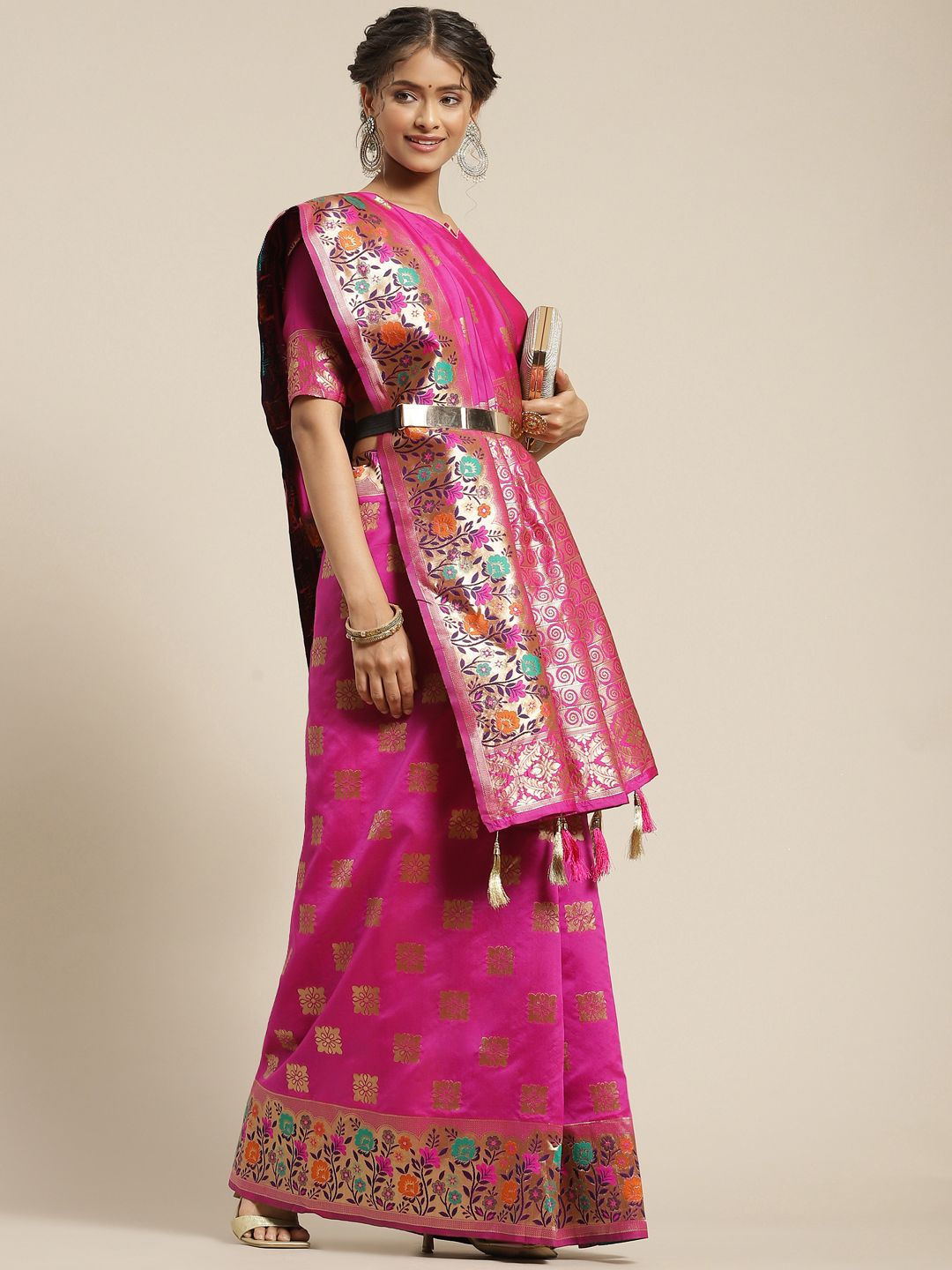 Somras Pink & Gold-Toned Ethnic Motifs Zari Art Silk Saree Price in India