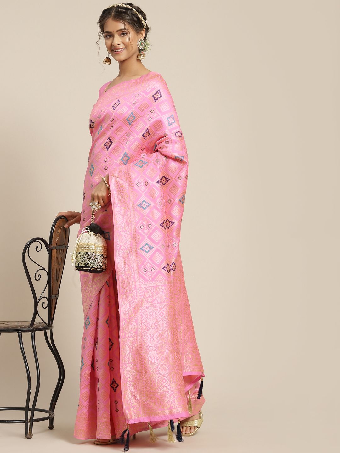 Somras Pink & Beige Ethnic Motifs Zari Art Silk Saree Price in India