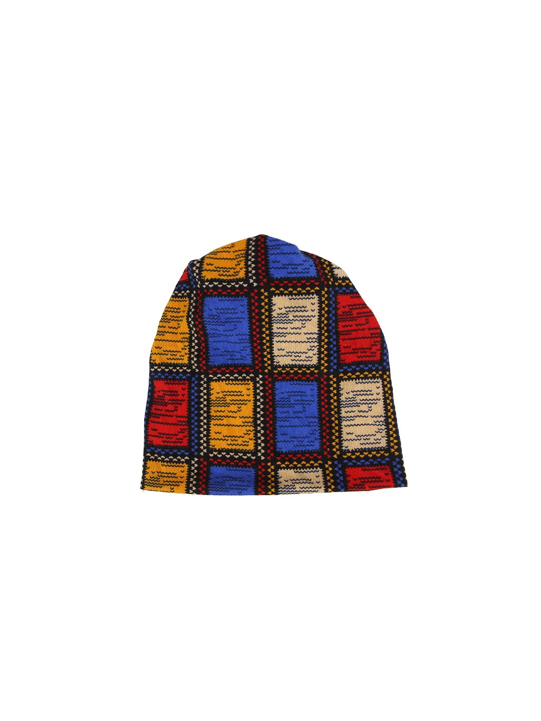 iSWEVEN Unisex Blue & Yellow Printed Cotton Beanie Cap Price in India