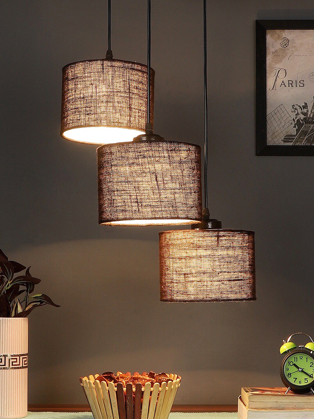 Devansh Brown Jute Triple Round Cluster Hanging Lamp Price in India