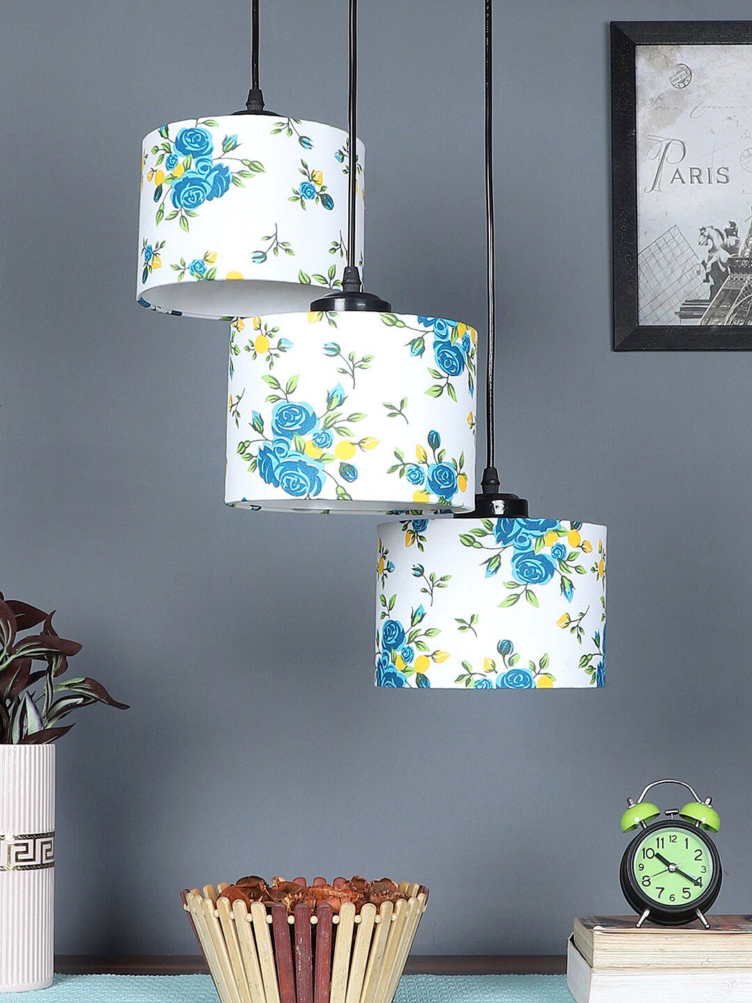 Devansh White & Blue Floral Printed Cotton Round Drum Cluster Hanging Lamp Price in India