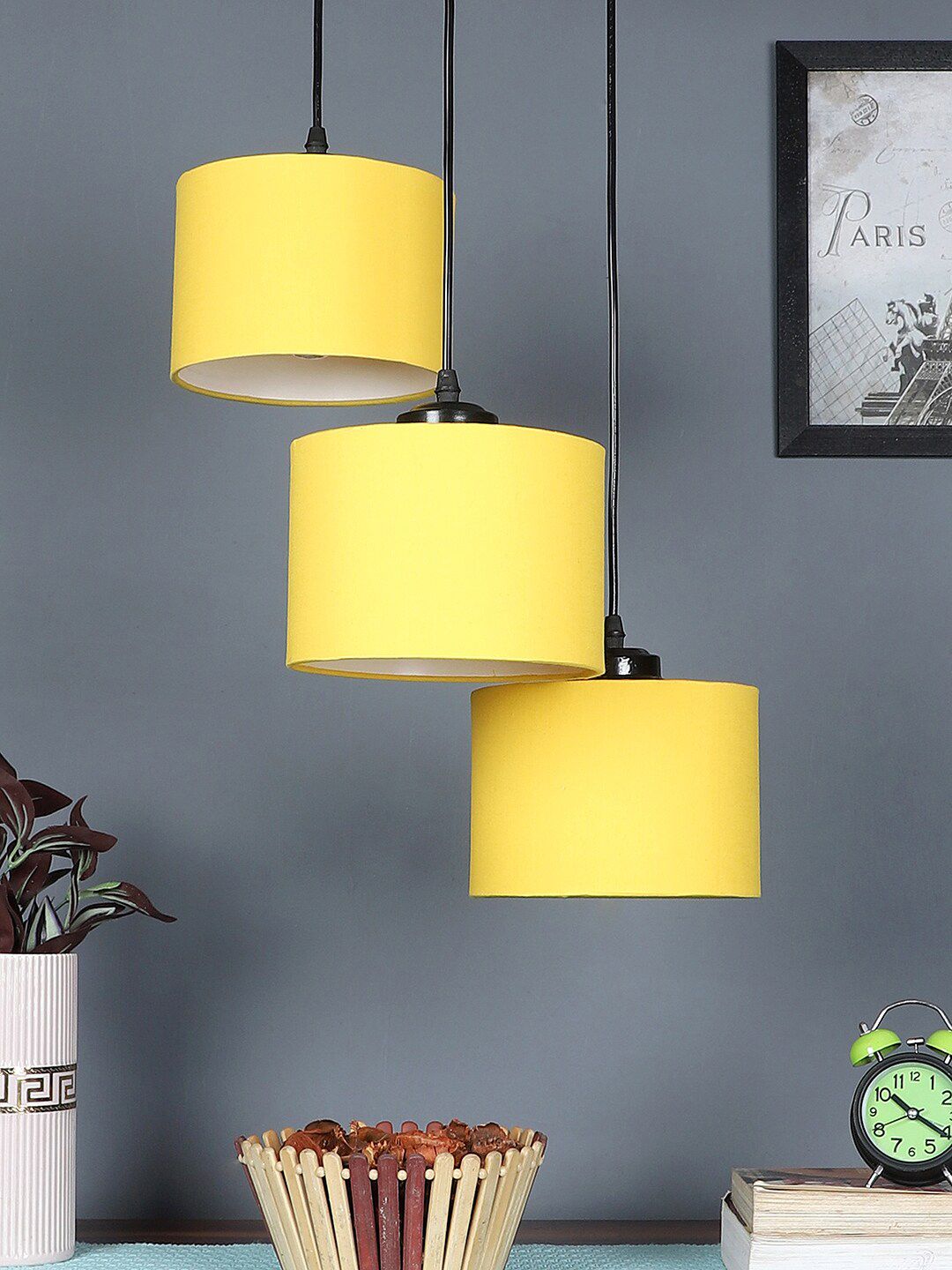 Devansh Yellow Cotton Round Drum Cluster Hanging Ceiling Lamp Price in India