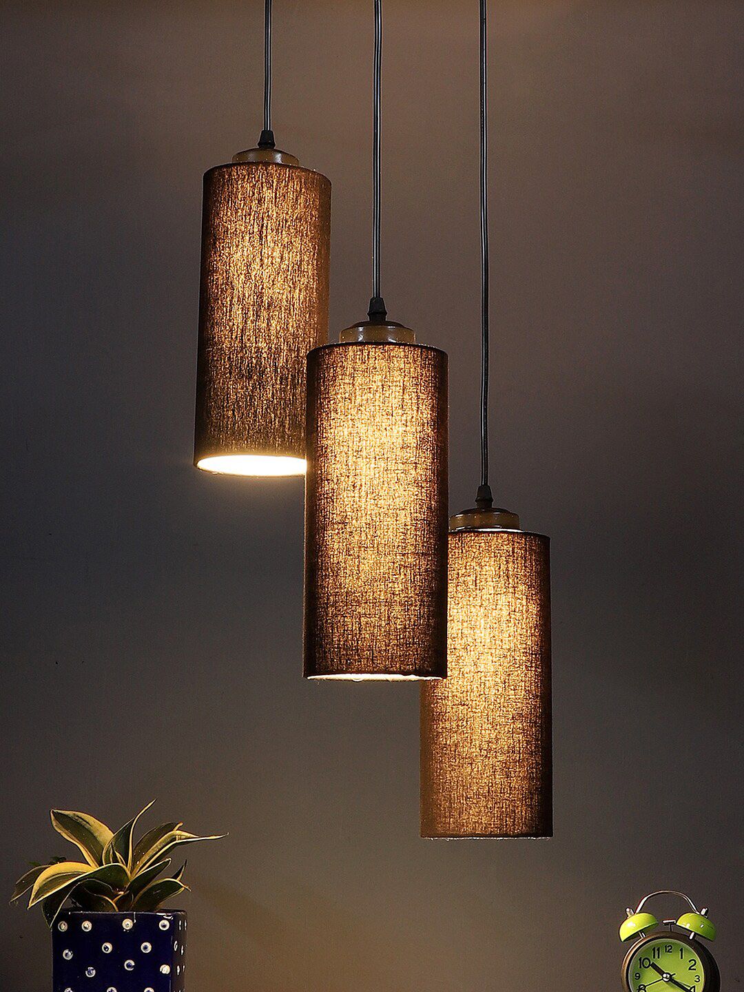 Devansh Black Set Of 3 Cotton Cylindrical Cluster Hanging Lamp Price in India