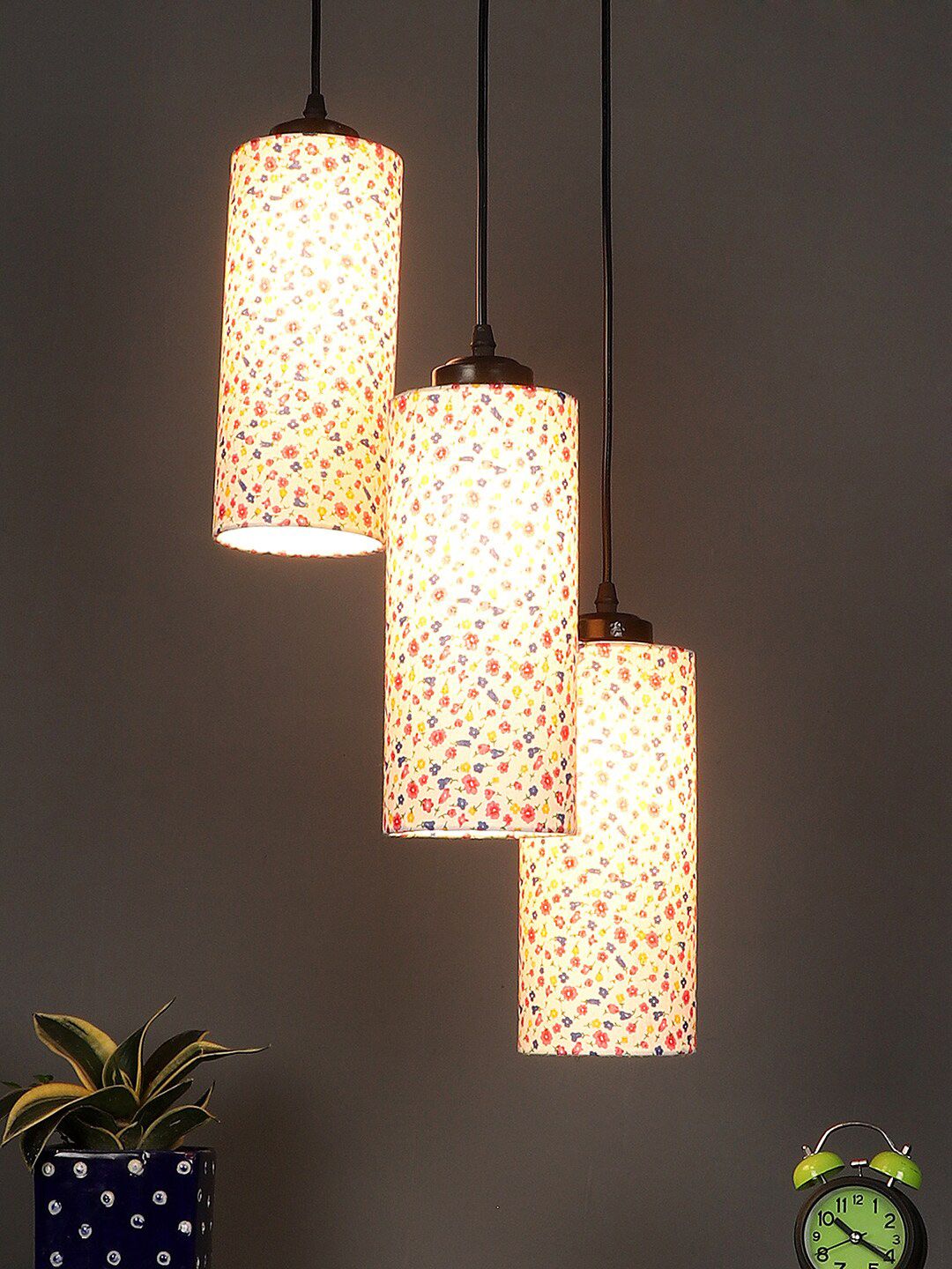 Devansh Multicolored Printed Cotton Cylindrical Drum Cluster Hanging Lamp Price in India