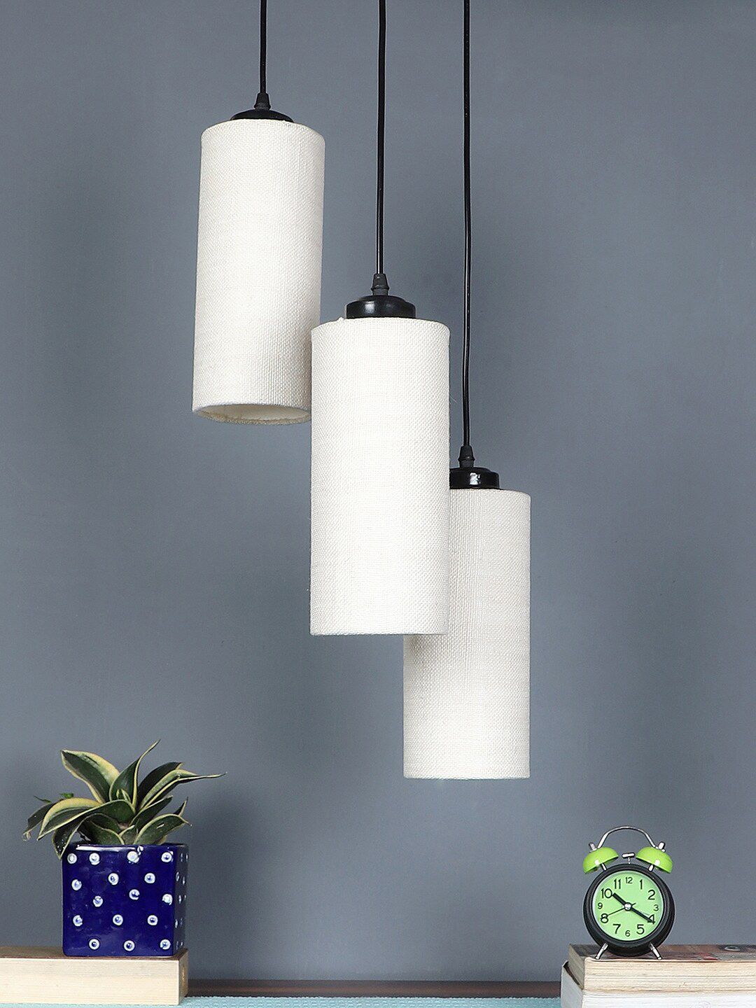 Devansh White Set Of 3 Cotton Cylindrical Cluster Hanging Lamp Price in India