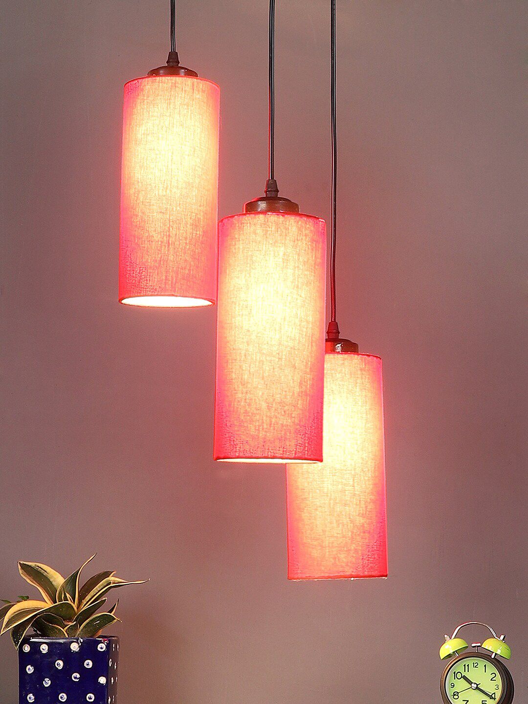 Devansh Red Set Of 3 Cotton Cylindrical Cluster Hanging Lamp Price in India