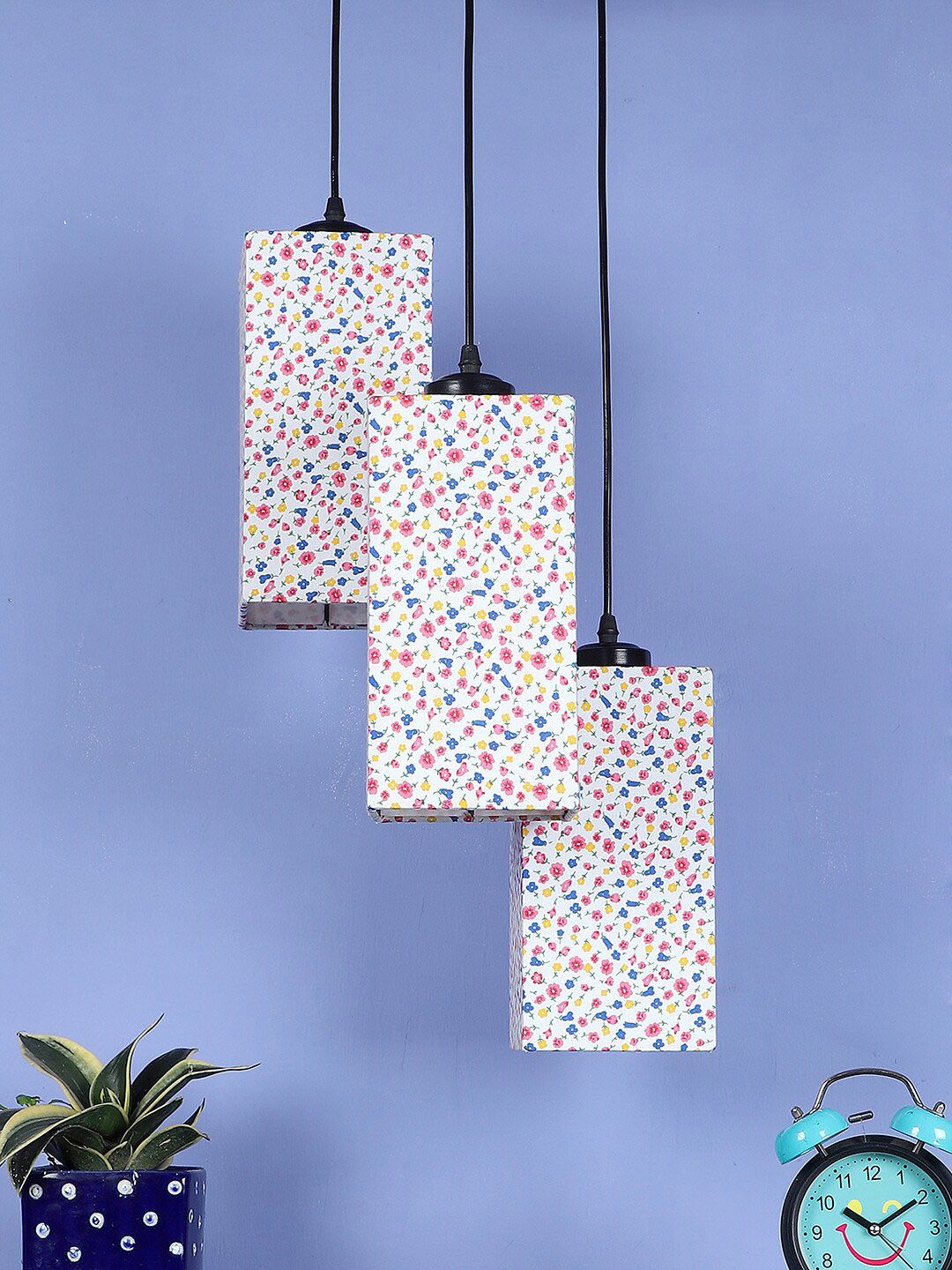 Devansh Multicoloured Cotton Triple Square Cluster Hanging Lamp Price in India