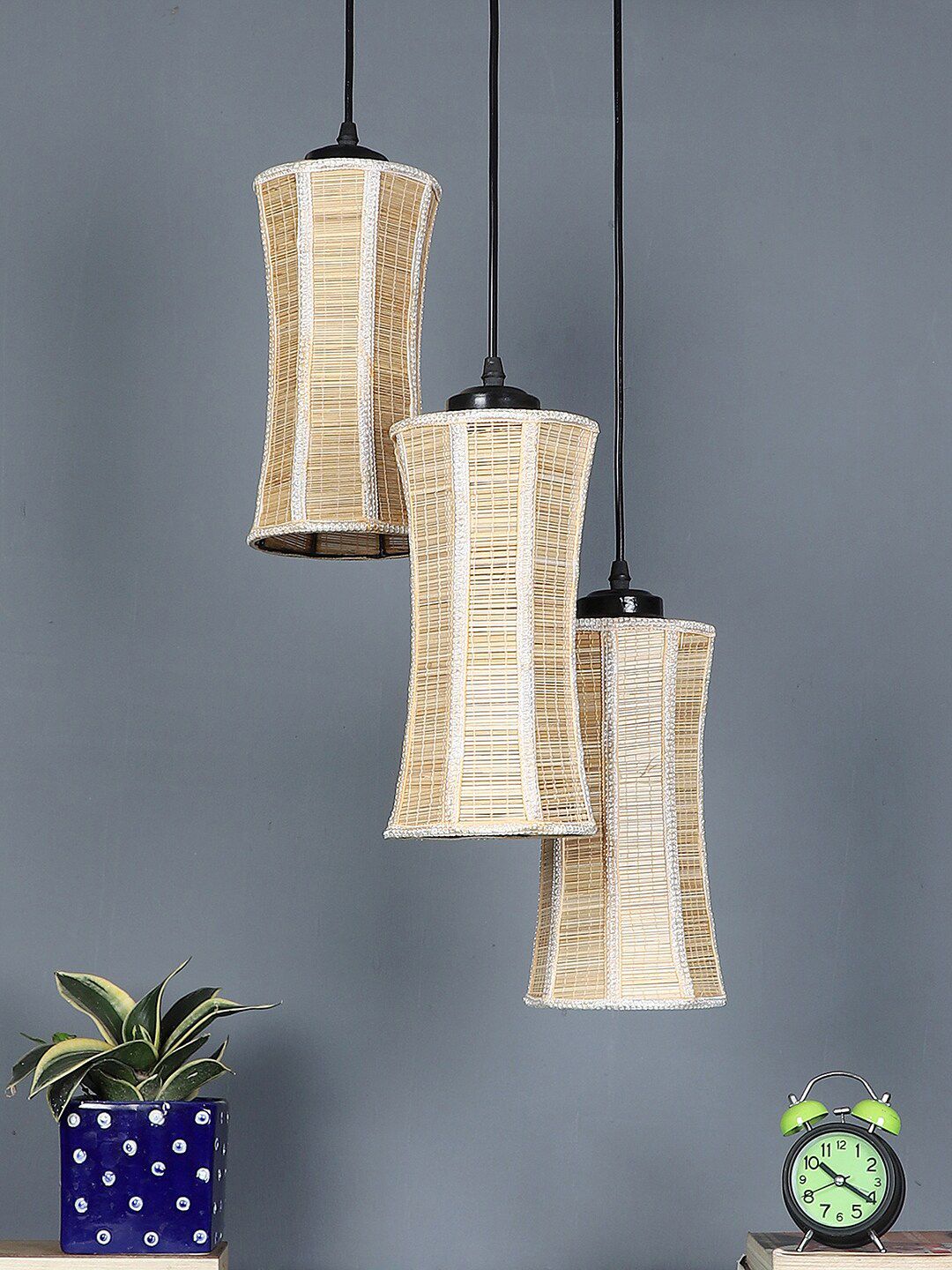 Devansh Beige Bamboo Cylindrical Textured Hanging Lamp Price in India