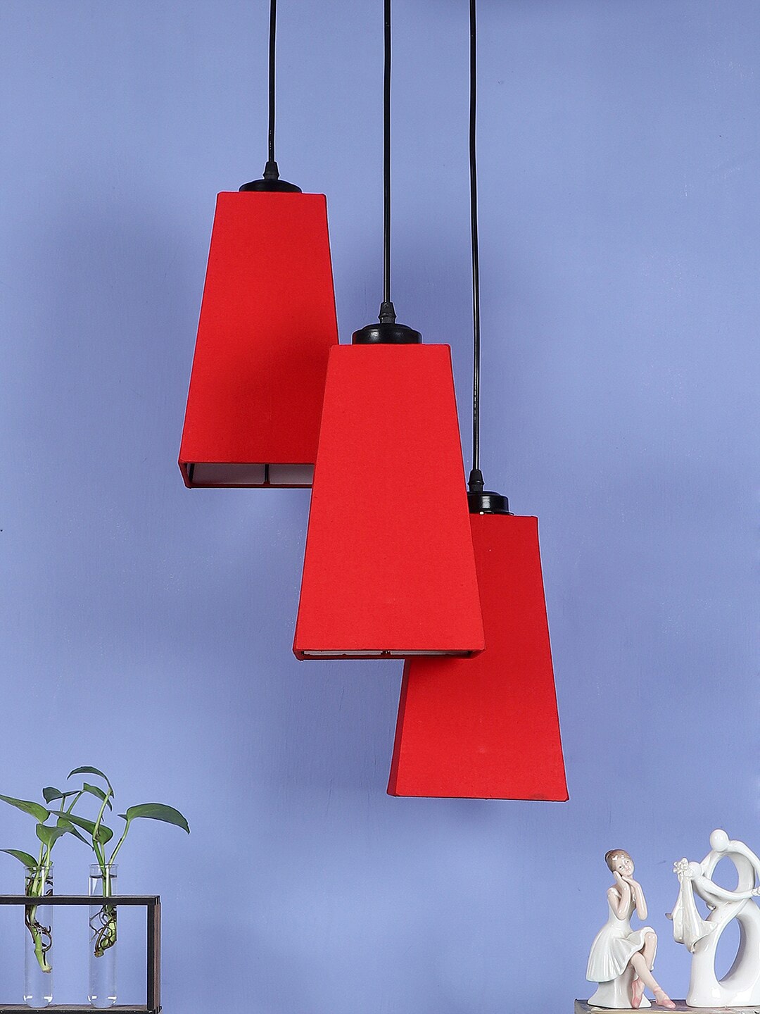 Devansh Red Set Of 3 Cotton Pyramid Cluster Hanging Lamp Price in India