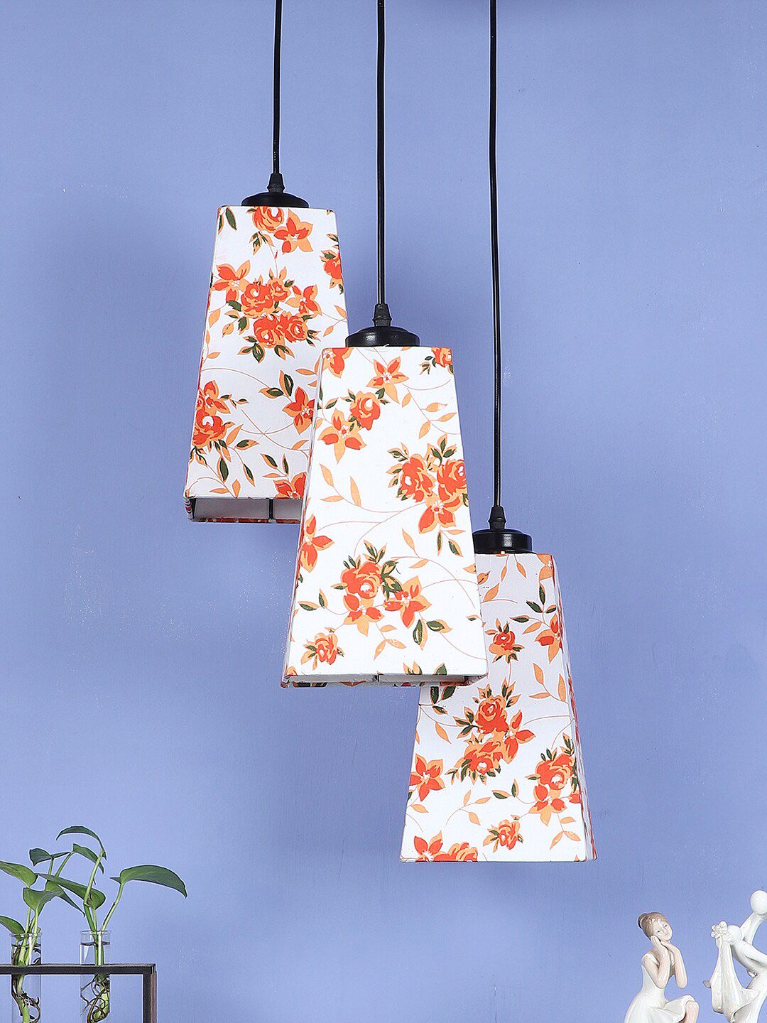 Devansh 3 Pieces White & Orange Printed Cotton Pyramid Ceiling Lamps Price in India