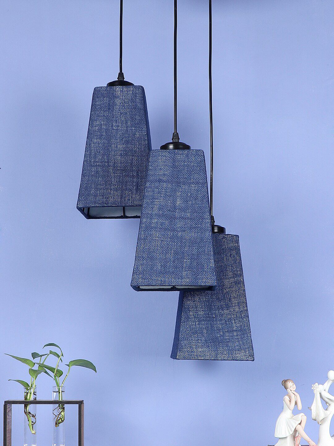 Devansh Blue Set Of 3 Jute Pyramid Cluster Hanging Lamp Price in India