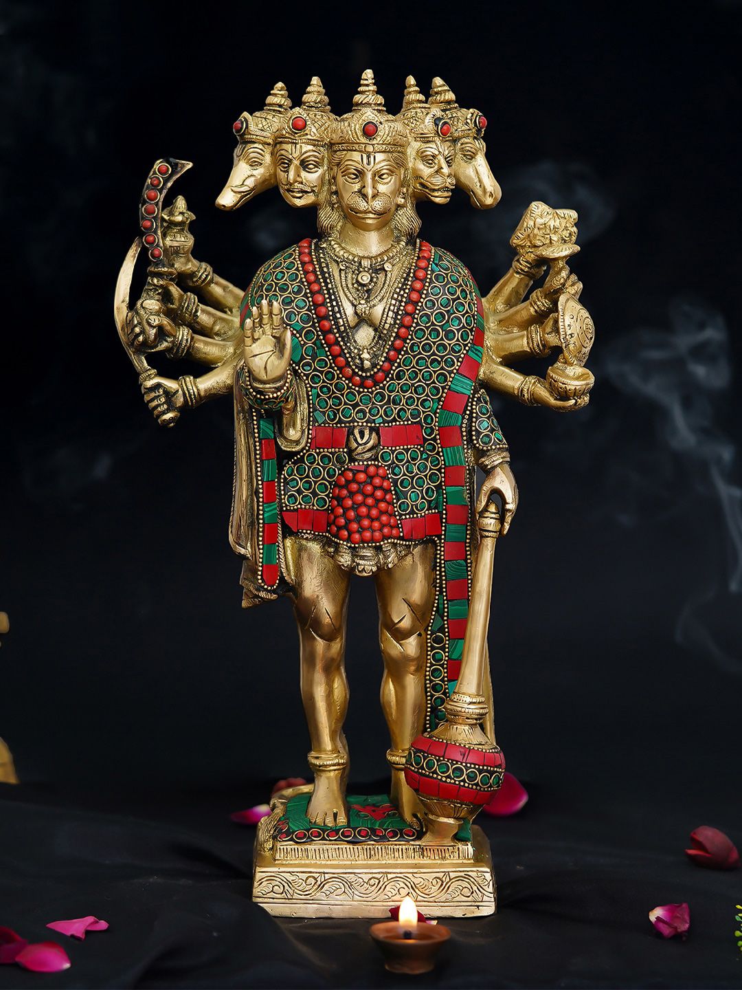 eCraftIndia Gold-Toned Brass Lord Panchmukhi Hanuman Idol with Stone Work Showpieces Price in India