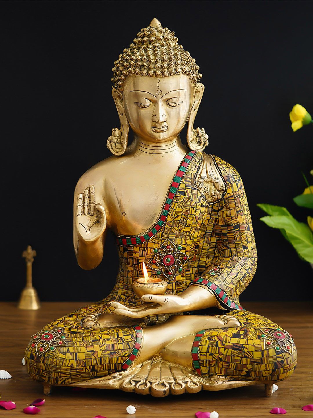 eCraftIndia Red & Gold Toned Meditating Lord Buddha Decorative Handcrafted Statue Price in India