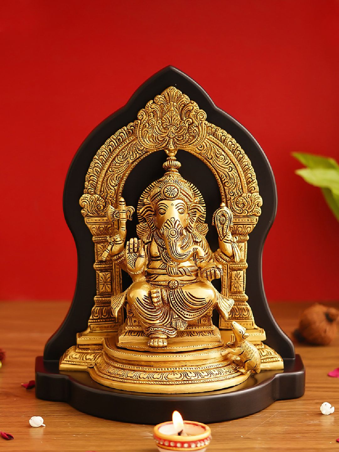 eCraftIndia Gold- Toned Lord Ganesha Brass Statue on Wooden Base Price in India