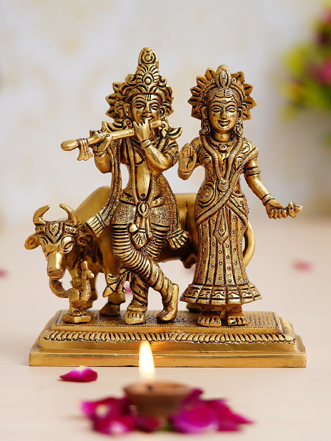 eCraftIndia Gold-Toned  Golden Radha Krishna with Cow Showpieces Price in India