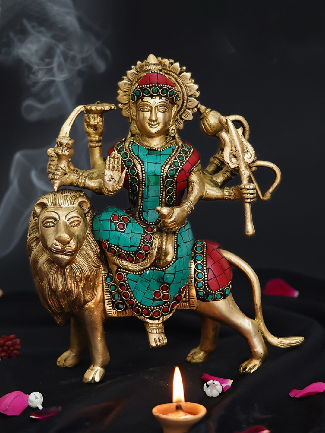 eCraftIndia Gold- Toned Colorful Goddess Durga Maa On Lion Brass Statue Price in India