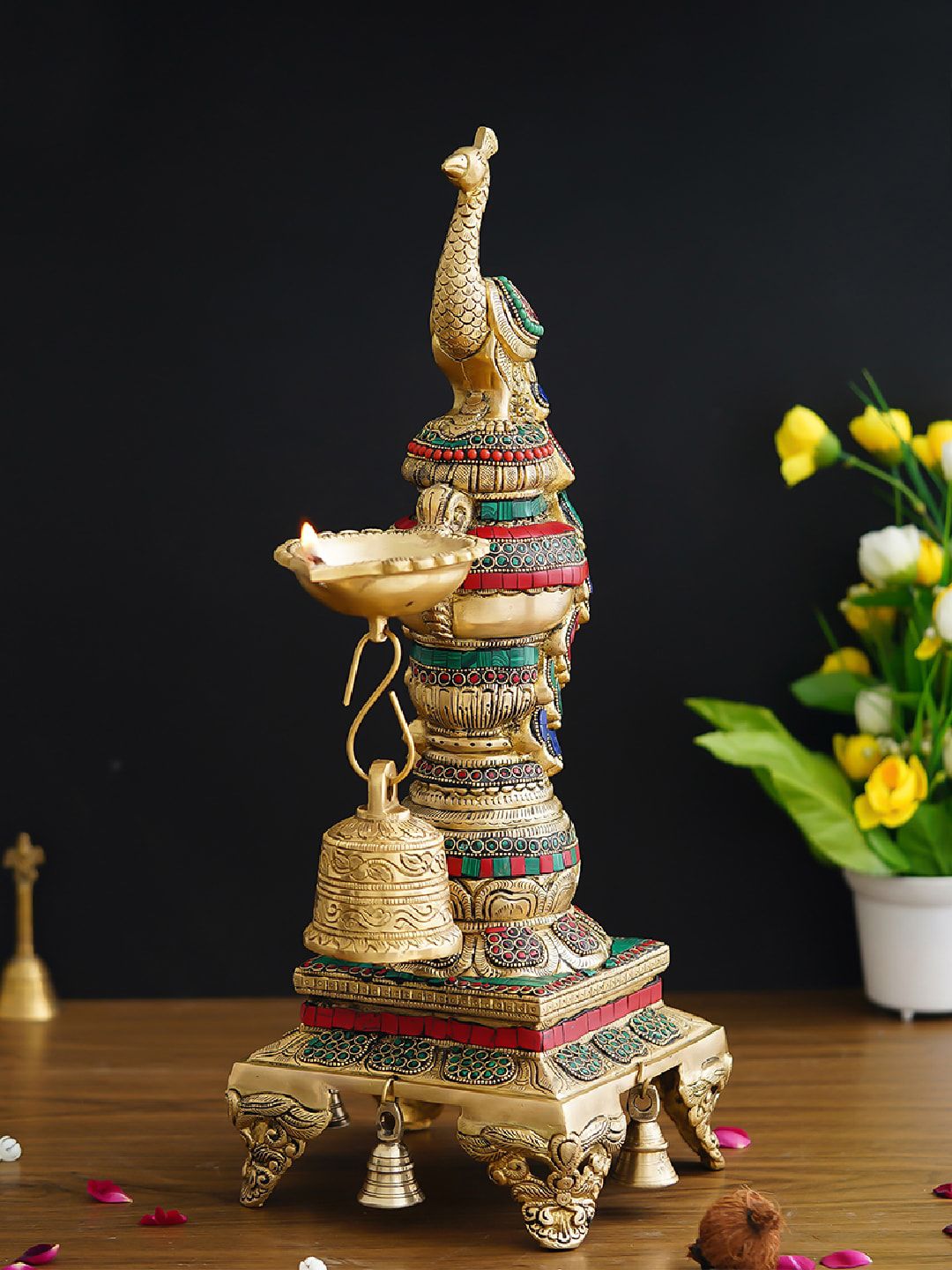 eCraftIndia Gold-Toned Multi Colored Peacock Diya Stand Price in India